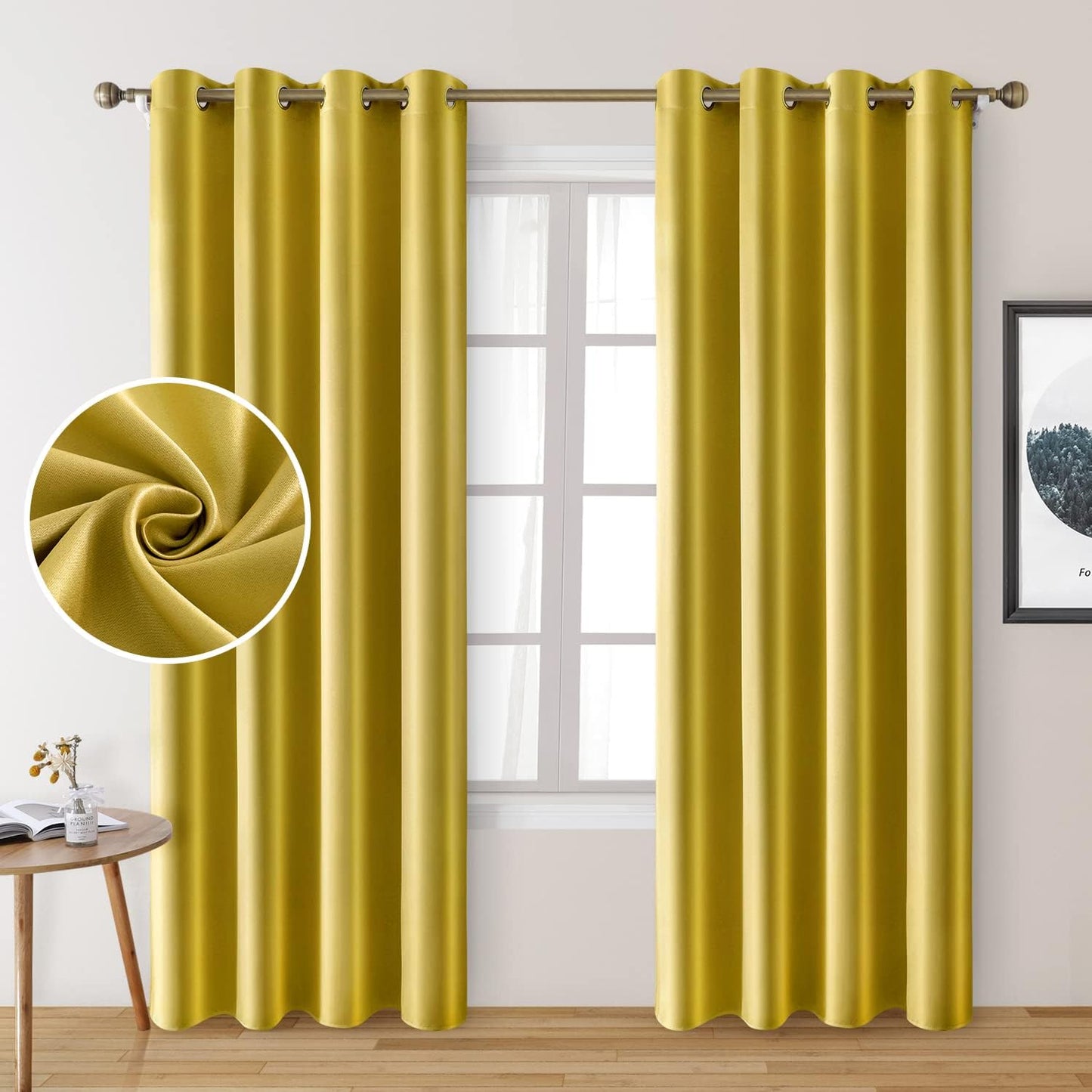 HOMEIDEAS Gold Blackout Curtains, Faux Silk for Bedroom 52 X 84 Inch Room Darkening Satin Thermal Insulated Drapes for Window, Indoor, Living Room, 2 Panels  HOMEIDEAS Mustard Yellow 52" X 84" 