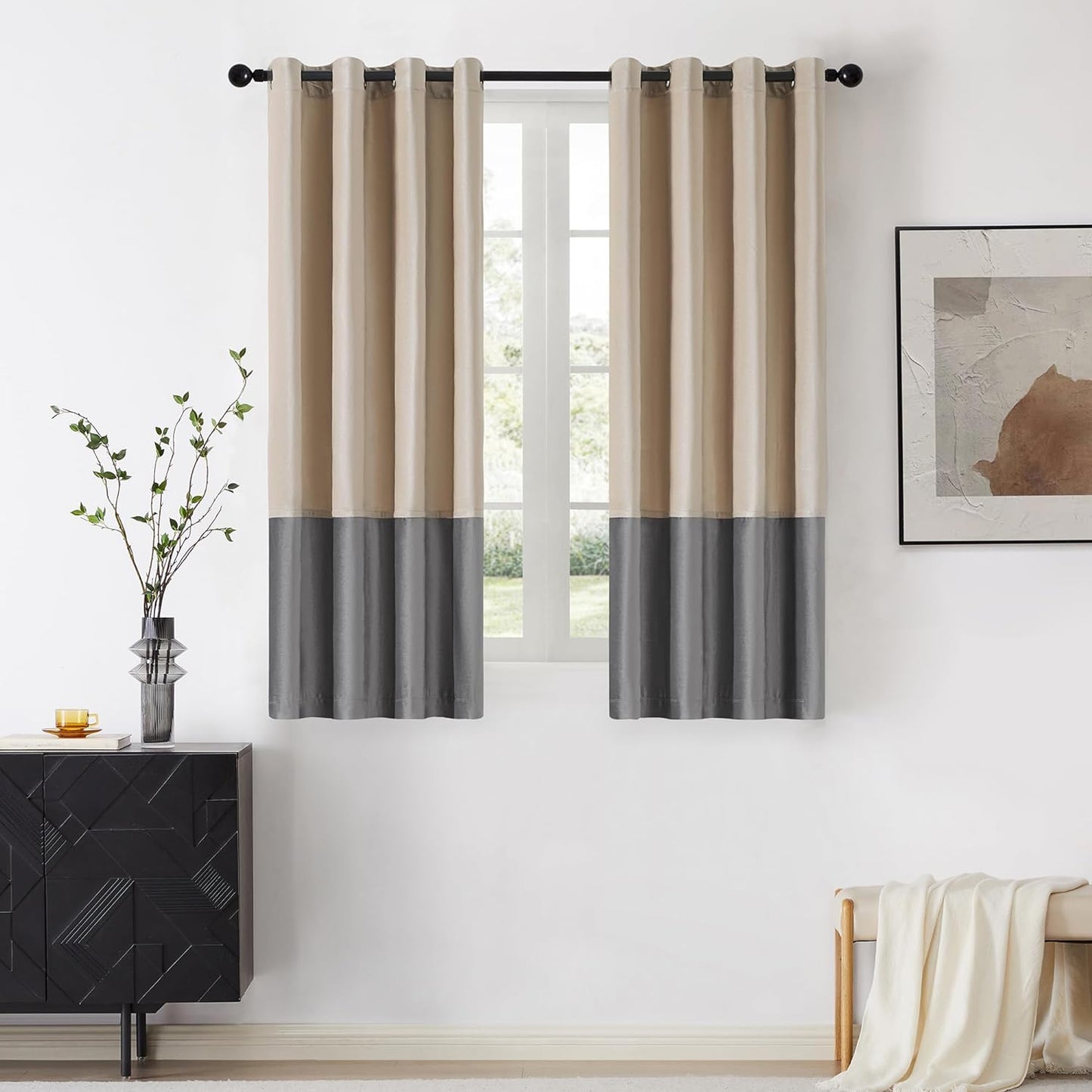 BULBUL Black Gold Color Block Window Curtains Panels 84 Inches Long Velvet Farmhouse Drapes for Bedroom Living Room Darkening Treatment with Grommet Set of Black Gold  BULBUL Champagne  Grey 52"W X 63"L 