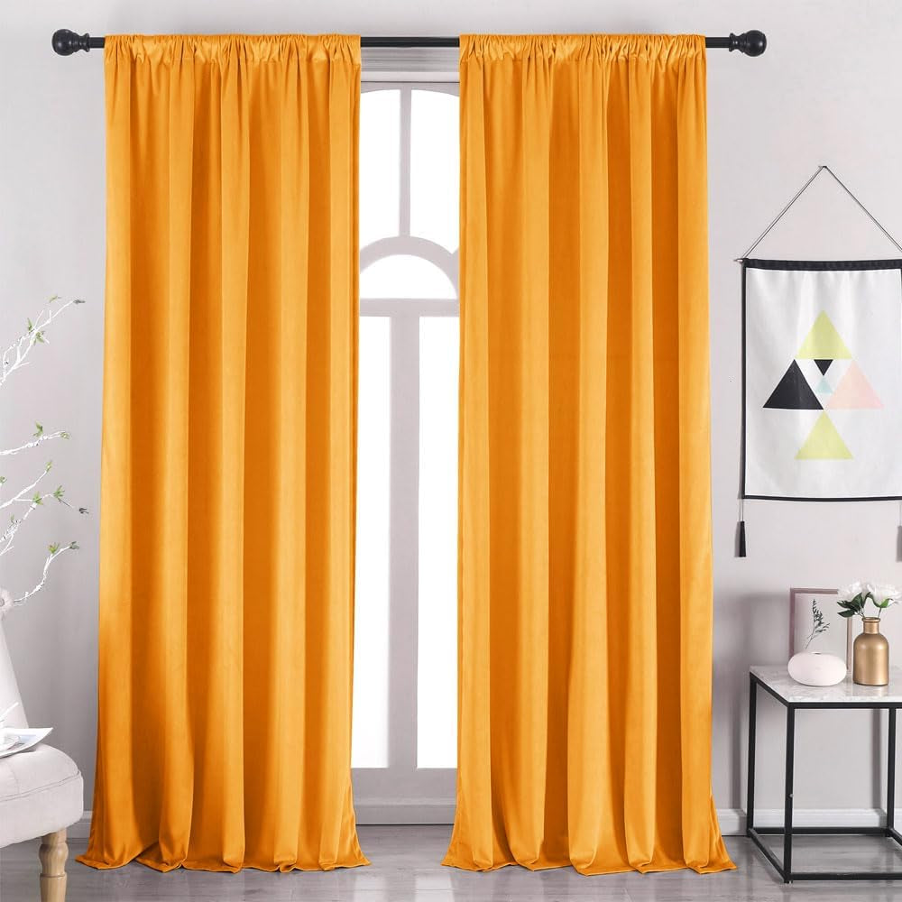 Nanbowang Green Velvet Curtains 63 Inches Long Dark Green Light Blocking Rod Pocket Window Curtain Panels Set of 2 Heat Insulated Curtains Thermal Curtain Panels for Bedroom  nanbowang Orange 52"X120" 