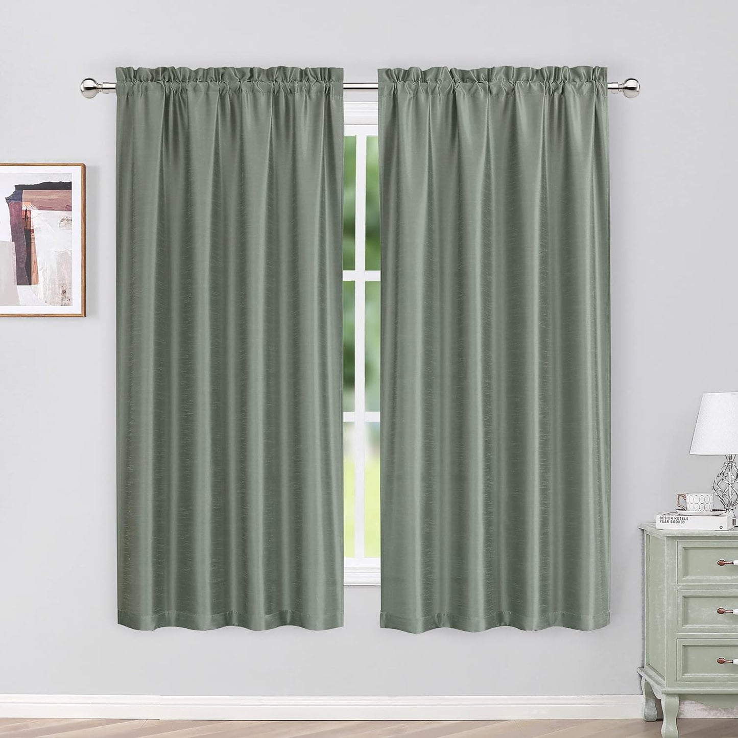 Chyhomenyc Uptown Sage Green Kitchen Curtains 45 Inch Length 2 Panels, Room Darkening Faux Silk Chic Fabric Short Window Curtains for Bedroom Living Room, Each 30Wx45L  Chyhomenyc Sage Green 2X40"Wx63"L 