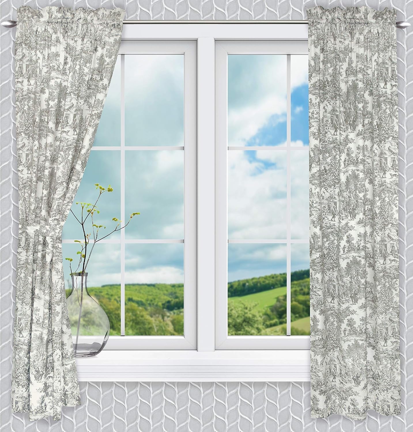 Ellis Curtain Victoria Park Toile 68-Inch-By-84 Inch Tailored Panel Pair with Tiebacks, Black  Ellis Curtain Grey 68" X 63" 