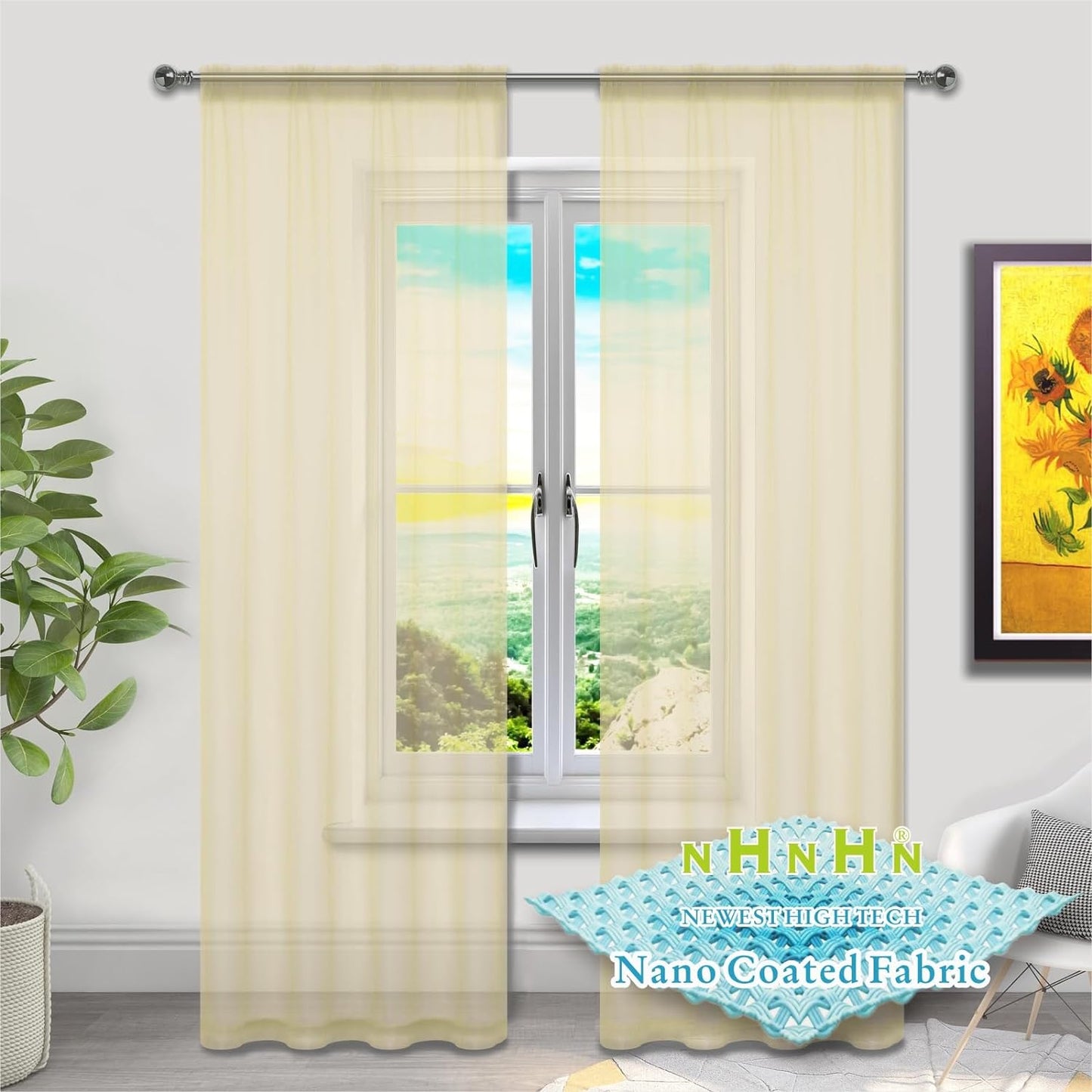 NHNHN Nano Material Coated White Sheer Curtains 84 Inches Long, Rod Pocket Window Drapes Voile Sheer Curtain 2 Panels for Living Room Bedroom Kitchen (White, W52 X L84)  NHNHN Cream 52W X 72L | 2 Panels 