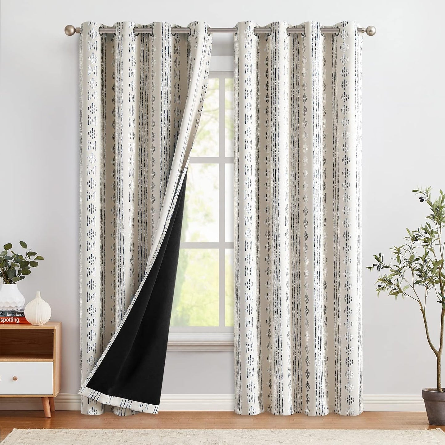 COLLACT 100% Boho Blackout Curtains for Bedroom 84 Inch Length Black on Beige Geometric Stripe Pattern Curtains for Living Room Thermal Insulated Room Darkening Drapes Grommet Window Curtains 2 Panels  COLLACT A1 | Blue On Beige W52 X L90 