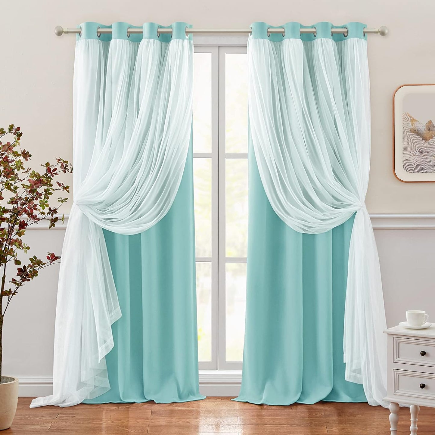 HOMEIDEAS Double Layer Curtains Light Grey Blackout Curtains 84 Inch Length 2 Panels Nursery Curtains for Girls Kids Bedroom Grommet Blackout Curtains with Sheer Overlay  HOMEIDEAS Aqua 52" X 96" 