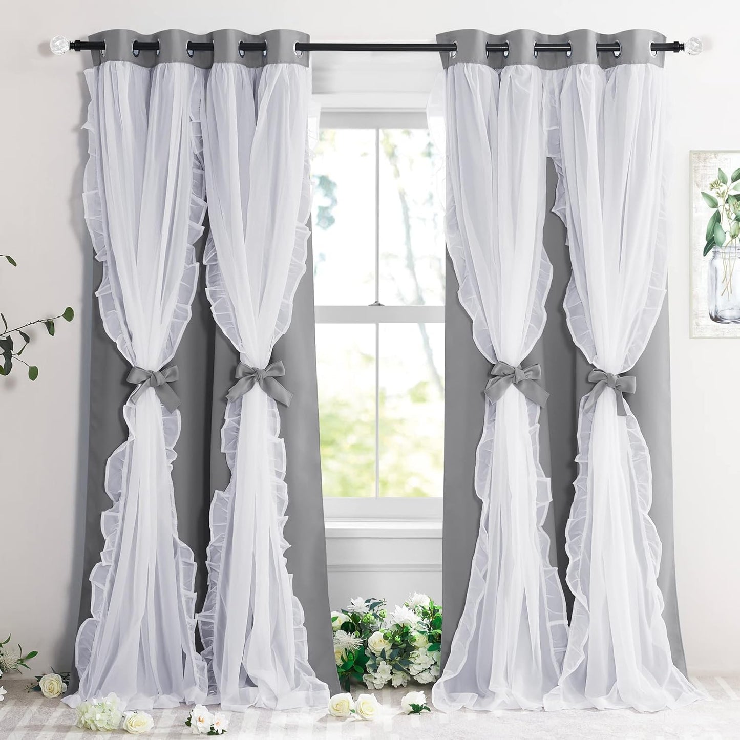 PONY DANCE Blackout Curtains for Living Room Decor Window Treatment Double Layer Drapes Ruffle Sheer Overlay Farmhouse Rustic Design, W 52 X L 84 Inches, Sage Green, 2 Panels  PONY DANCE Silver Grey 52" X 108" 