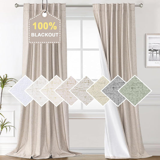 H.VERSAILTEX 100% Blackout Curtains 96 Inches Long Thermal Insulated Linen Blackout Curtains for Bedroom 96 Length, Boho Farmhouse Curtains & Drapes for Living Room - Natural, W52 X L96, 2 Panels  H.VERSAILTEX Natural 52"W X 96"L 