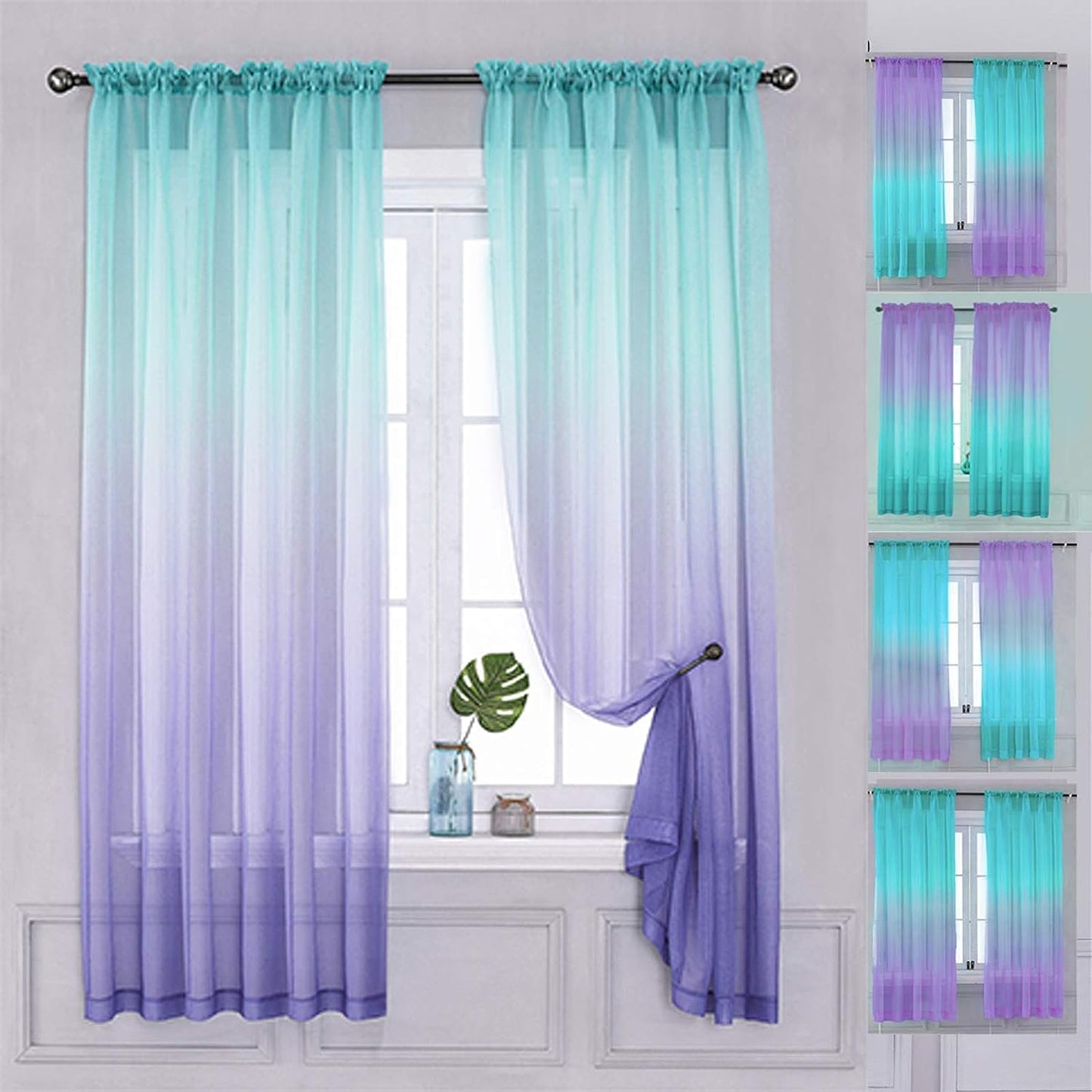 Yancorp 2 Panel Sets Semi Bedroom Curtains 63 Inch Length Sheer Rod Pocket Curtain Linen Teal Turquoise Purple Ombre Girls Living Room Mermaid Bedroom Nursery Kids Decor (Turquoise Purple, 40"X63")  Yancorp Turquoise Purple 52"X84" 