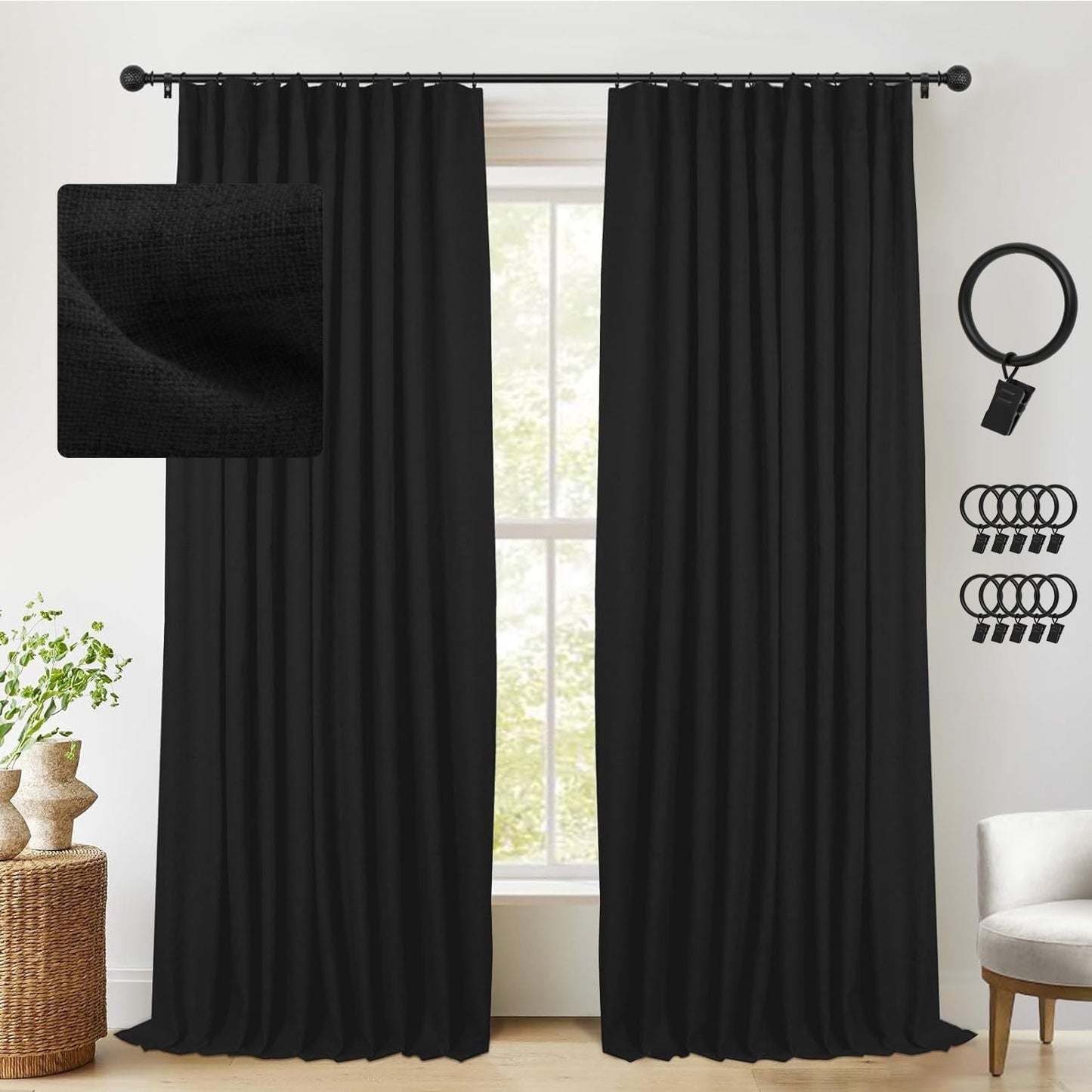 INOVADAY Linen Blackout Curtains 96 Inches Long, Thermal Insulated Black Out Curtains & Drapes for Living Room Bedroom (W50 X L96 1 Panels, Beige)  INOVADAY Black 50"W X 96"L 