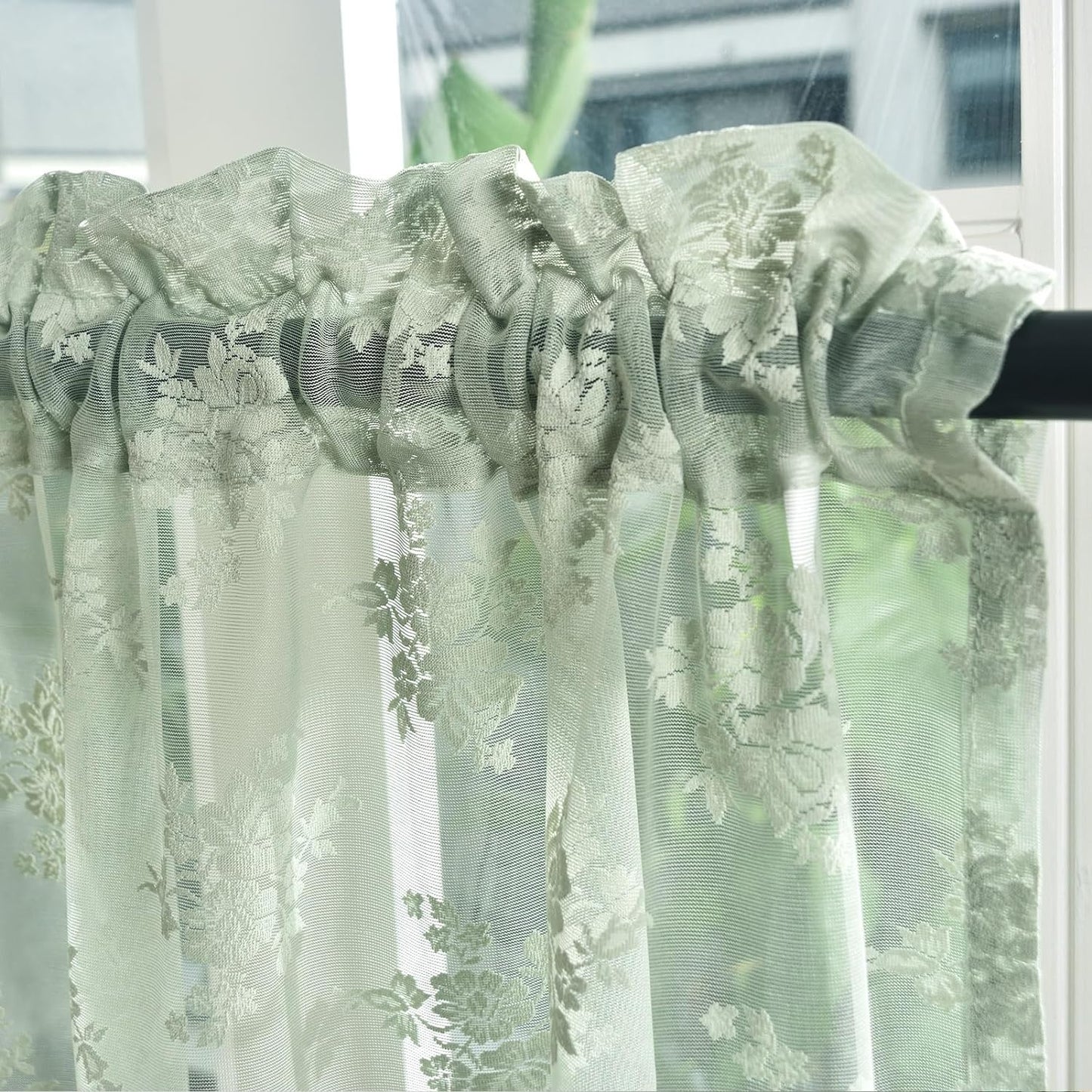 Kotile Sage Green Sheer Valance Curtain for Windows, Rustic Floral Spring Sheer Window Valance Curtain 18 Inch Length, Light Filtering Rod Pocket Lace Valance, 52 X 18 Inch, 1 Panel, Sage Green  Kotile Textile   
