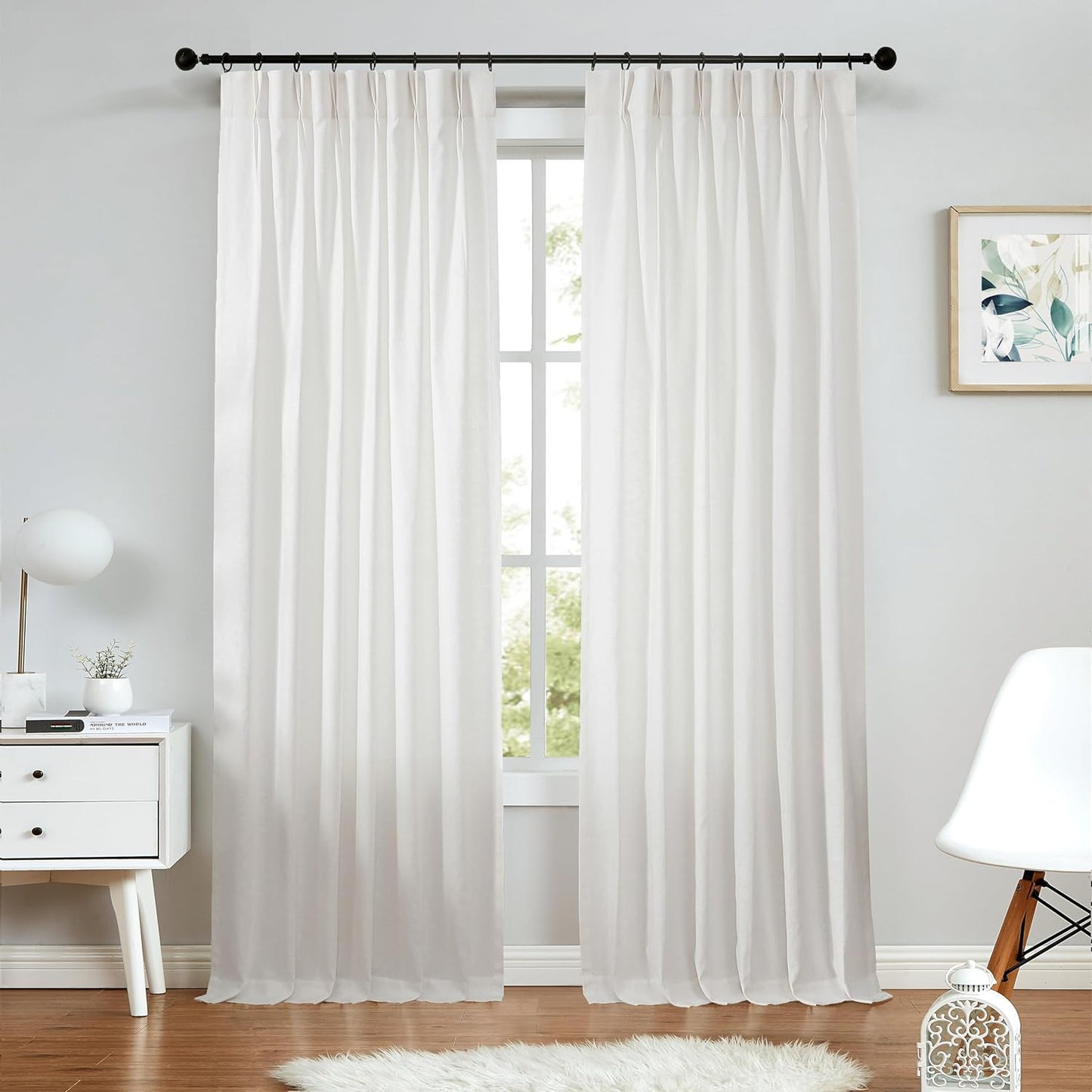 White Pinch Pleated Curtain Semi Sheer Curtain Panel Linen Cotton Blend Decorative Drape 84 Inches Long for Living Room Bedroom Farmhouse Rustic Window Treatment, White, 34"X84"X2  Central Park White 34"X95"X2 