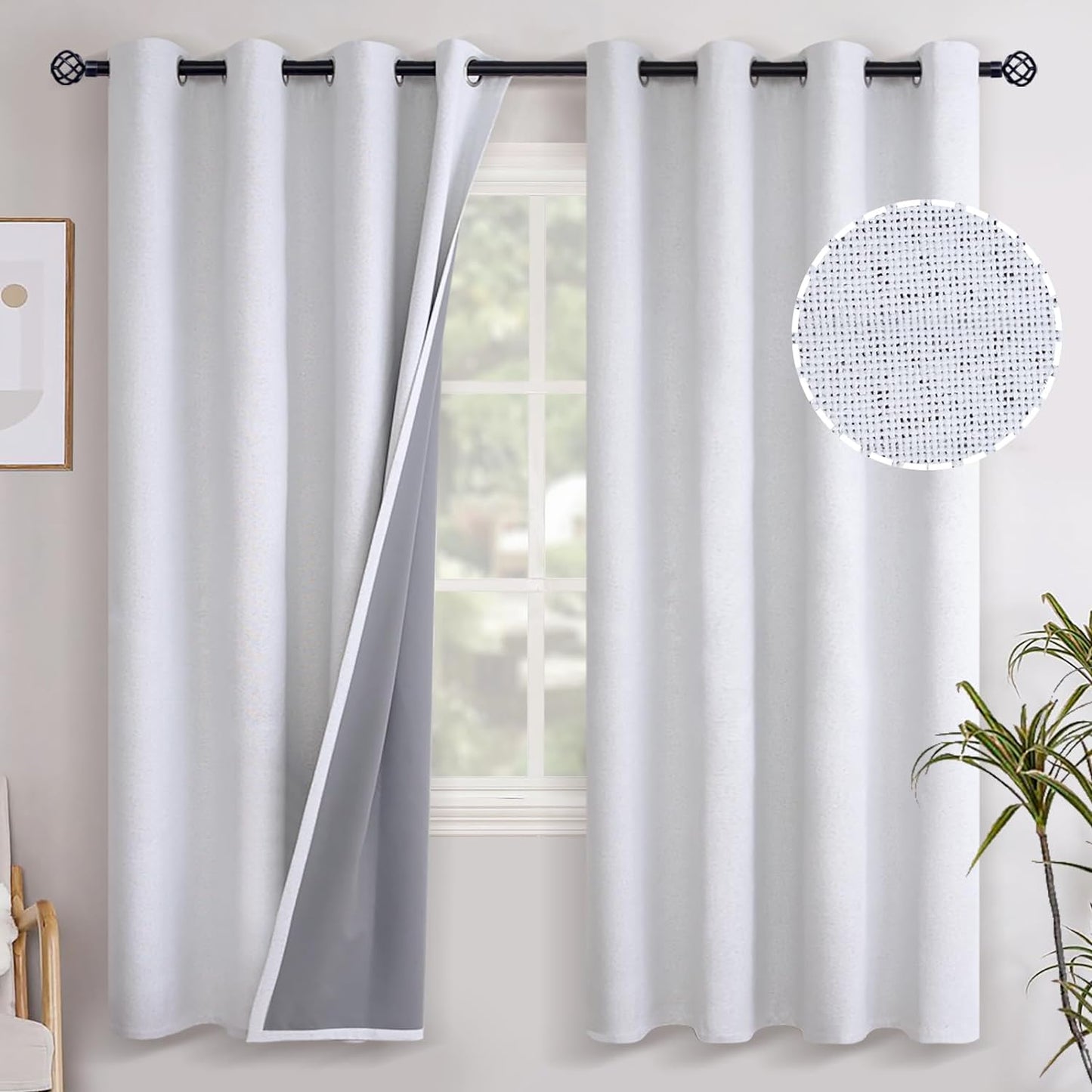 Youngstex Linen Blackout Curtains 63 Inch Length, Grommet Darkening Bedroom Curtains Burlap Linen Window Drapes Thermal Insulated for Basement Summer Heat, 2 Panels, 52 X 63 Inch, Beige  YoungsTex White 52W X 72L 
