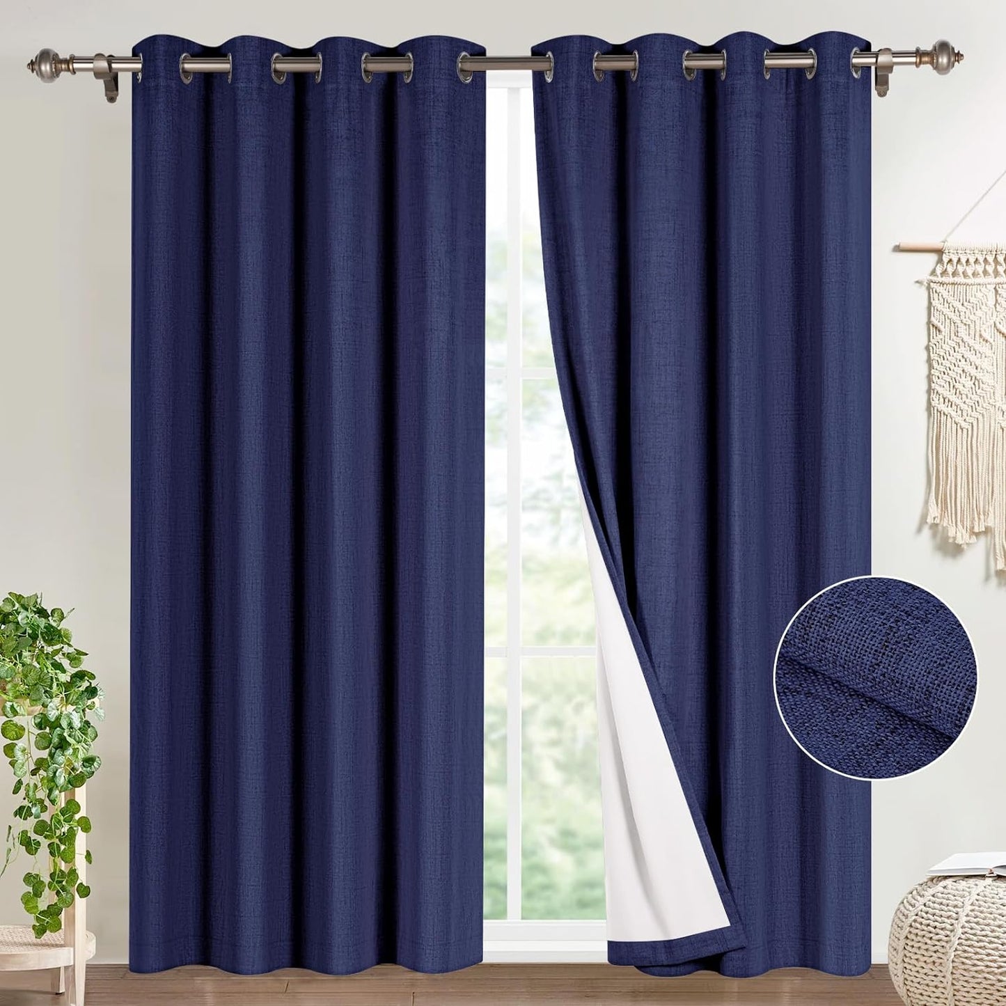 Timeles 100% Blackout Window Curtains 84 Inch Length for Living Room Textured Linen Curtains Sliver Grommet Pinch Pleated Room Darkening Curtain with White Liner/Ties(2 Panel W52 X L84, Ivory)  Timeles Navy Blue W52" X L84" 