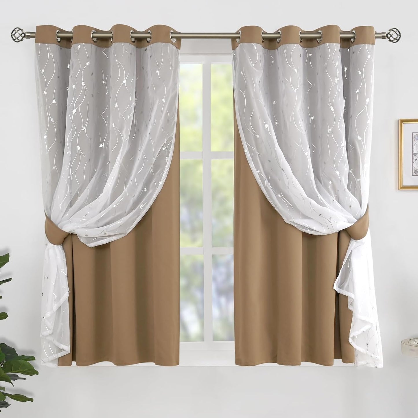 Bgment Grey Blackout Curtains with Sheer Overlay 84 Inches Long，Double Layer Silver Printed Kids Curtains Grommet Thermal Insulated Window Drapes for Living Room, 2 Panel, 52 X 84, Dark Grey  BGment Taupe 52W X 63L 