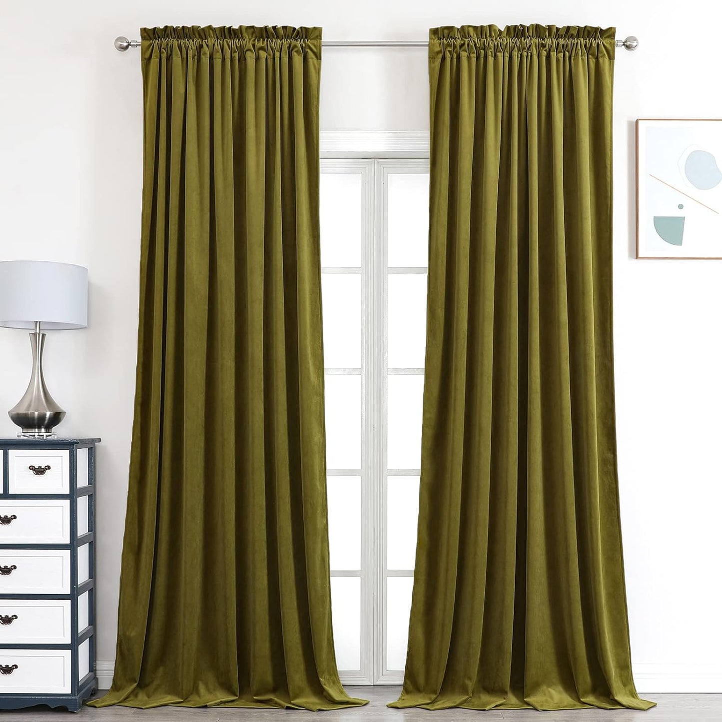Benedeco Green Velvet Curtains for Bedroom Window, Super Soft Luxury Drapes, Room Darkening Thermal Insulated Rod Pocket Curtain for Living Room, W52 by L84 Inches, 2 Panels  Benedeco Olive Green W52 * L63 | 2 Panels 