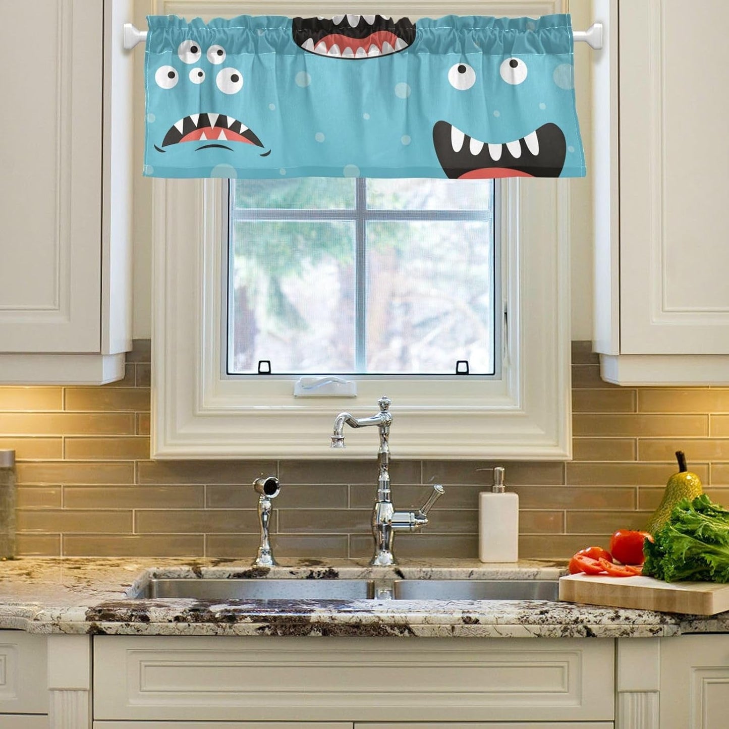 Blue Monster Faces Window Valance Curtains for Bedroom Bathroom 54 by 18 Inch Cabinet Curtain 1 Panel Window Scarf Valance