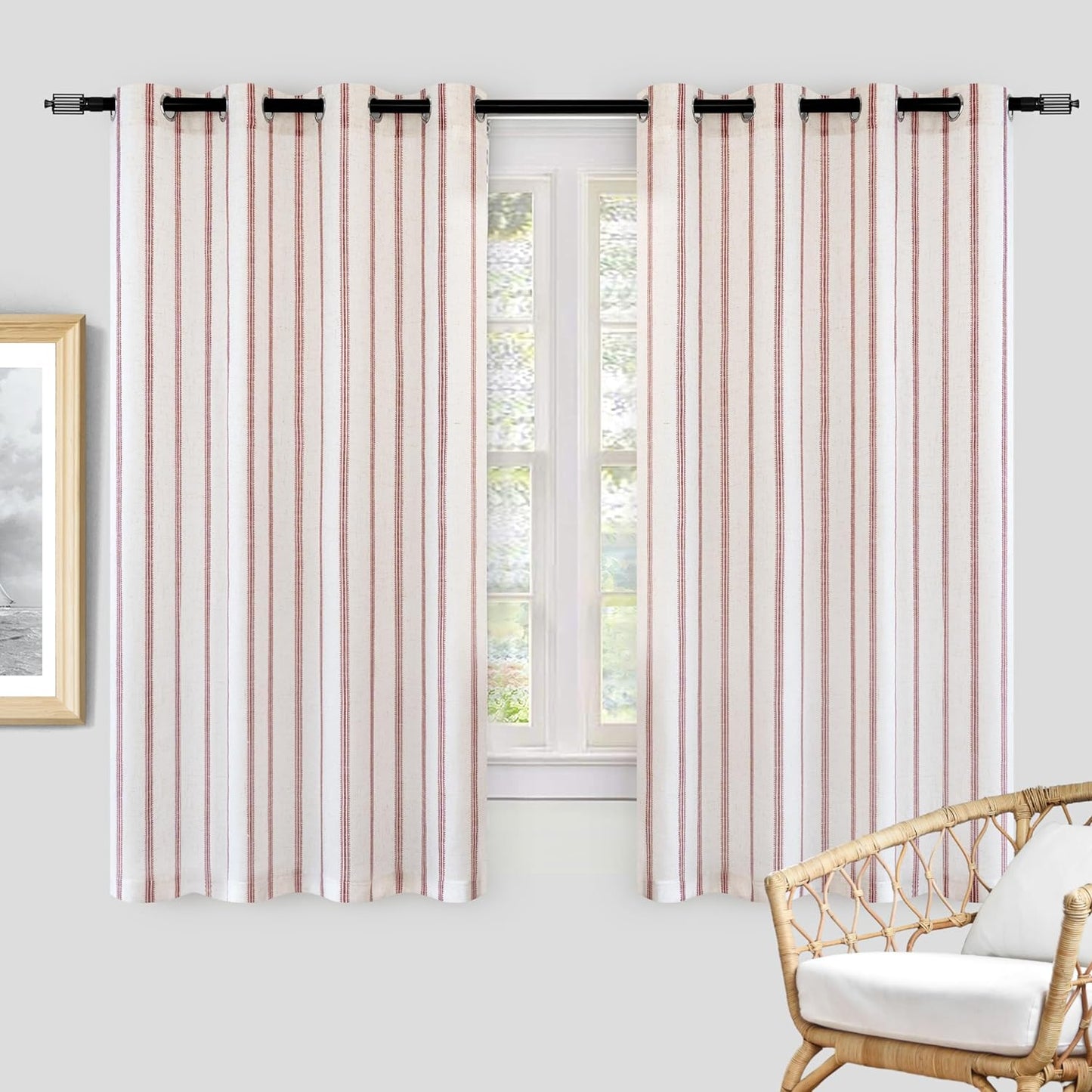 Driftaway Farmhouse Linen Blend Blackout Curtains 84 Inches Long for Bedroom Vertical Striped Printed Linen Curtains Thermal Insulated Grommet Lined Treatments for Living Room 2 Panels W52 X L84 Grey  DriftAway Red 52"X54" 