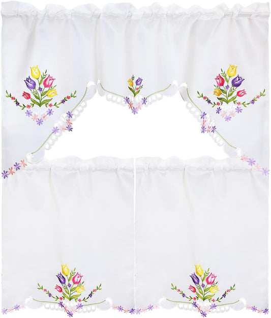 Simhomsen Embroidered Tulips Kitchen Window Curtain Swag and Tiers Set for Easters and Spring (Tulips)