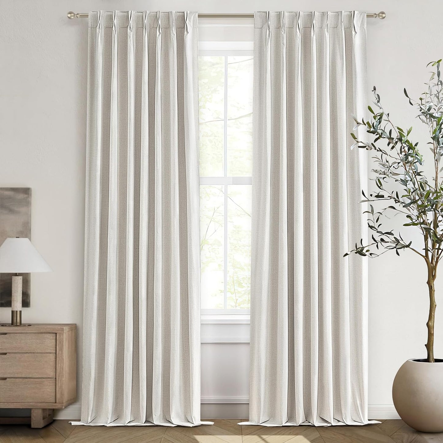 Natural Linen Pinch Pleated Blackout Curtains & Drapes 96 Inch Long Bedroom/Livingroom Farmhouse Curtains 2 Panel Sets, Neutral Track Room Darkening Thermal Insulated 8Ft Back Tab Window Curtain  QJmydeco Birch 40"W X 105"L X 2 Panels 