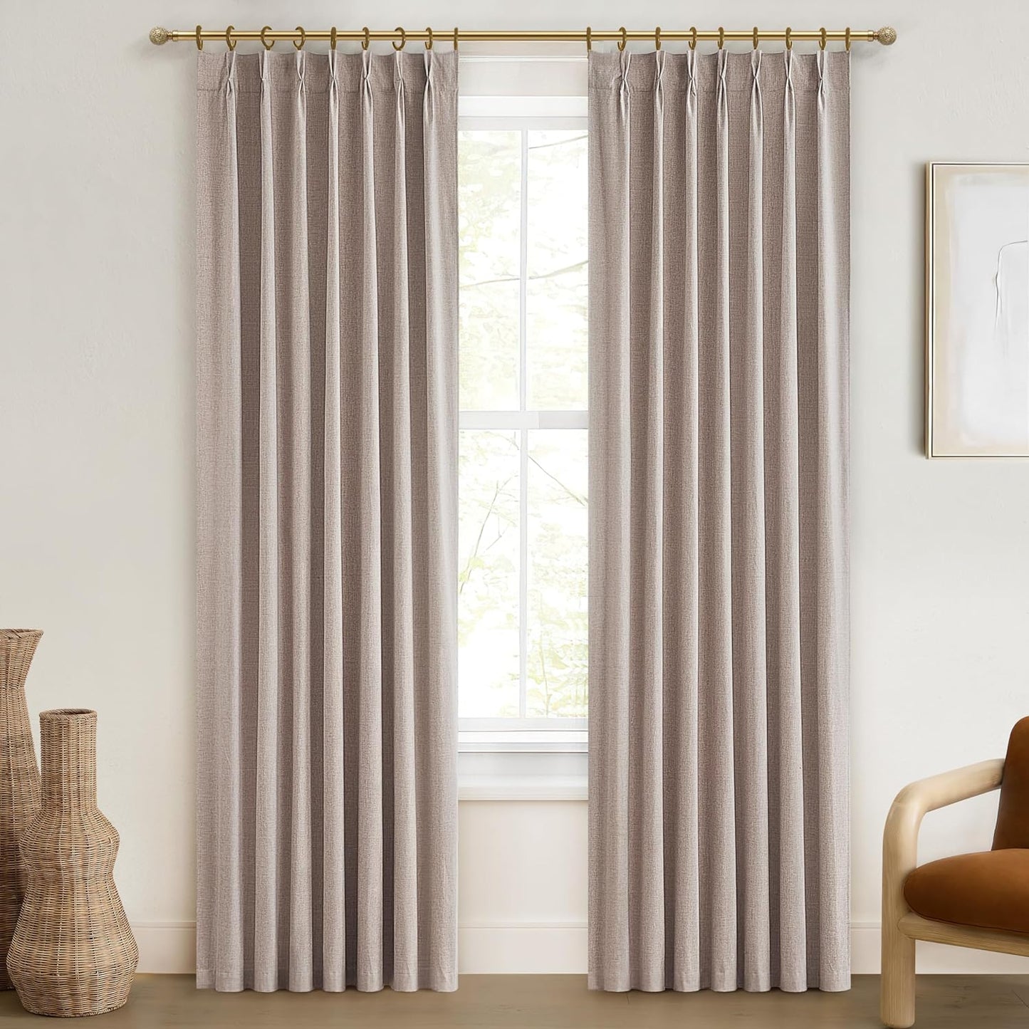 Natural Linen Pinch Pleated Blackout Curtains & Drapes 96 Inch Long Bedroom/Livingroom Farmhouse Curtains 2 Panel Sets, Neutral Track Room Darkening Thermal Insulated 8Ft Back Tab Window Curtain  QJmydeco Linen 40"W X 90"L X 2 Panels 
