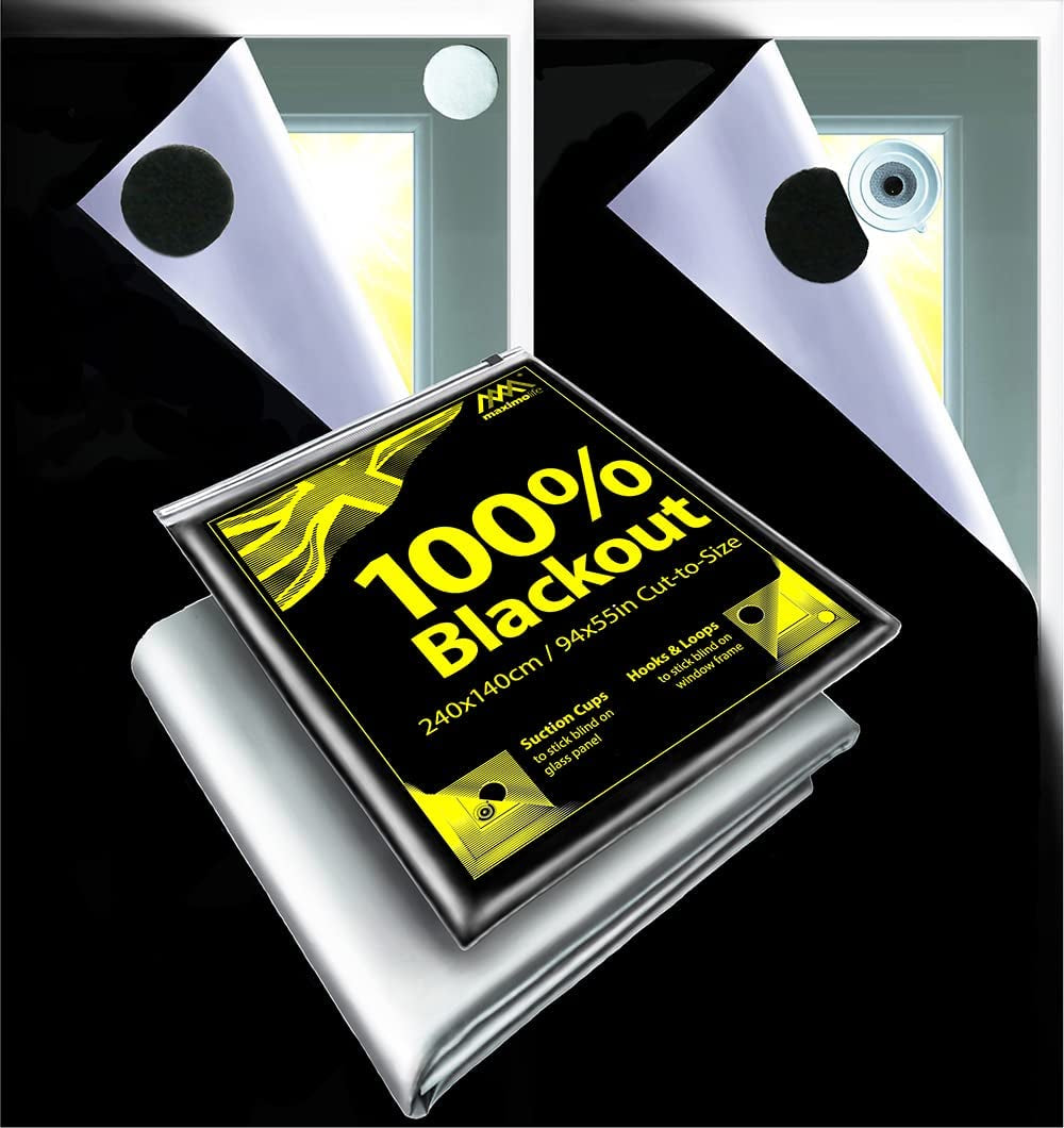 Maximolife® Ultimate 100% Blackout Blind | Fits Any Window Size & Shape | Super Easy to Set up and Take down | 16X Suction Cups 25X Hook Tabs 32X Loop Tabs | Portable Travel Temporary Permanent