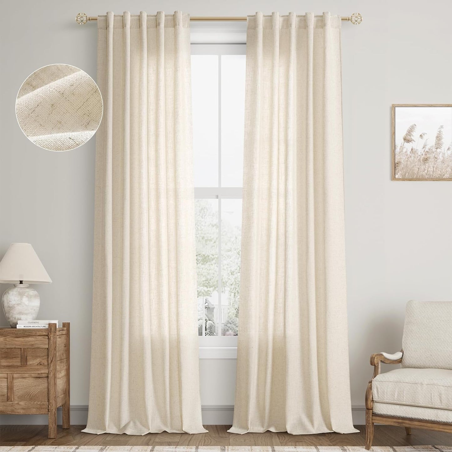 Natural Linen Sheer Curtains 84 Inch Long for Living Room Bedroom Back Tab Light Filtering Privacy Farmhouse Rod Pocket Ivory off White Neutral Drapes with Hooks 2 Panels Cream Beige  SPWIY Cream Beige 40W X 90L Inch X 2 Panels 