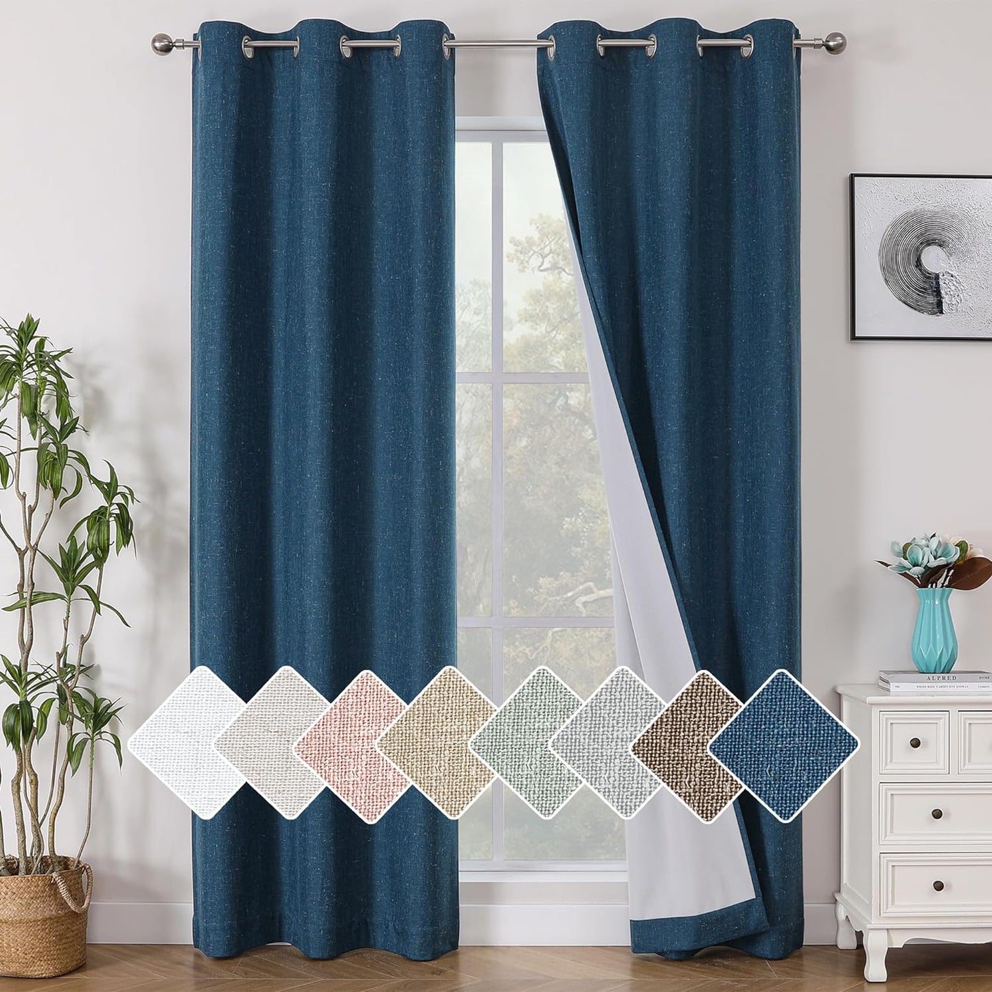 Jenny Ivory Beige Textured Linen 100% Blackout Curtains 63 Inch Length 2 Panels, Energy Saving Window Treatment Heavy Curtain Drapes for Bedroom/Living Room, Burlap Fabric Curtains, 38W  Simplebrand Navy Blue 38"W X 96"L 