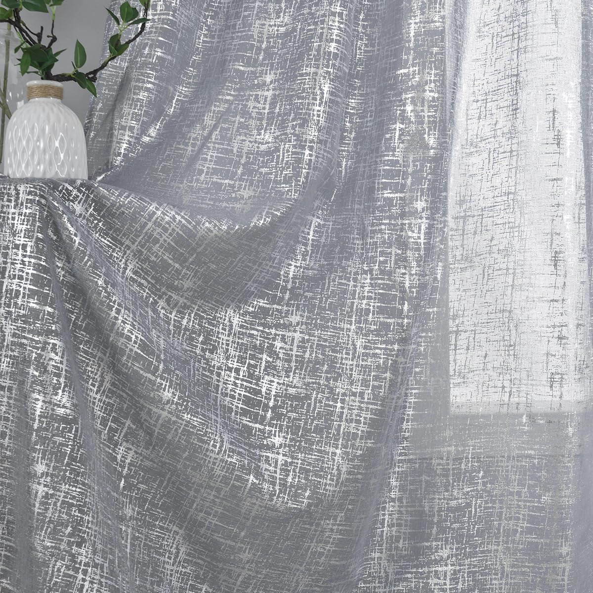 TERLYTEX White Gold Sheer Curtains 84 Inch Length, Metallic Gold Foil Cross Hatch Sparkle Sheer Curtains for Living Room, Rod Pocket Privacy Shimmer Curtains, 52 X 84 Inch, 2 Panels, Gold White  TERLYTEX Silver Grey W52 X L84 Inch|Pair 