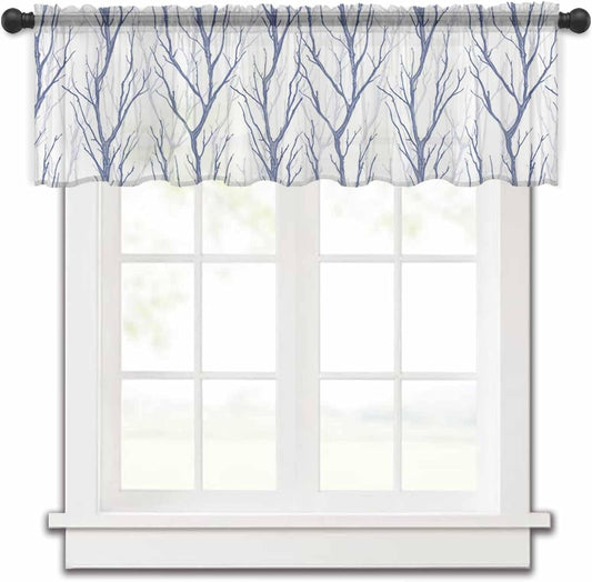 Blue Branch Valance Curtains for Kitchen/Living Room/Bathroom/Bedroom Window,Rod Pocket Small Topper Half Short Window Curtains Voile Sheer Scarf, Tree Forest Abstract Watercolor White 42"X18"