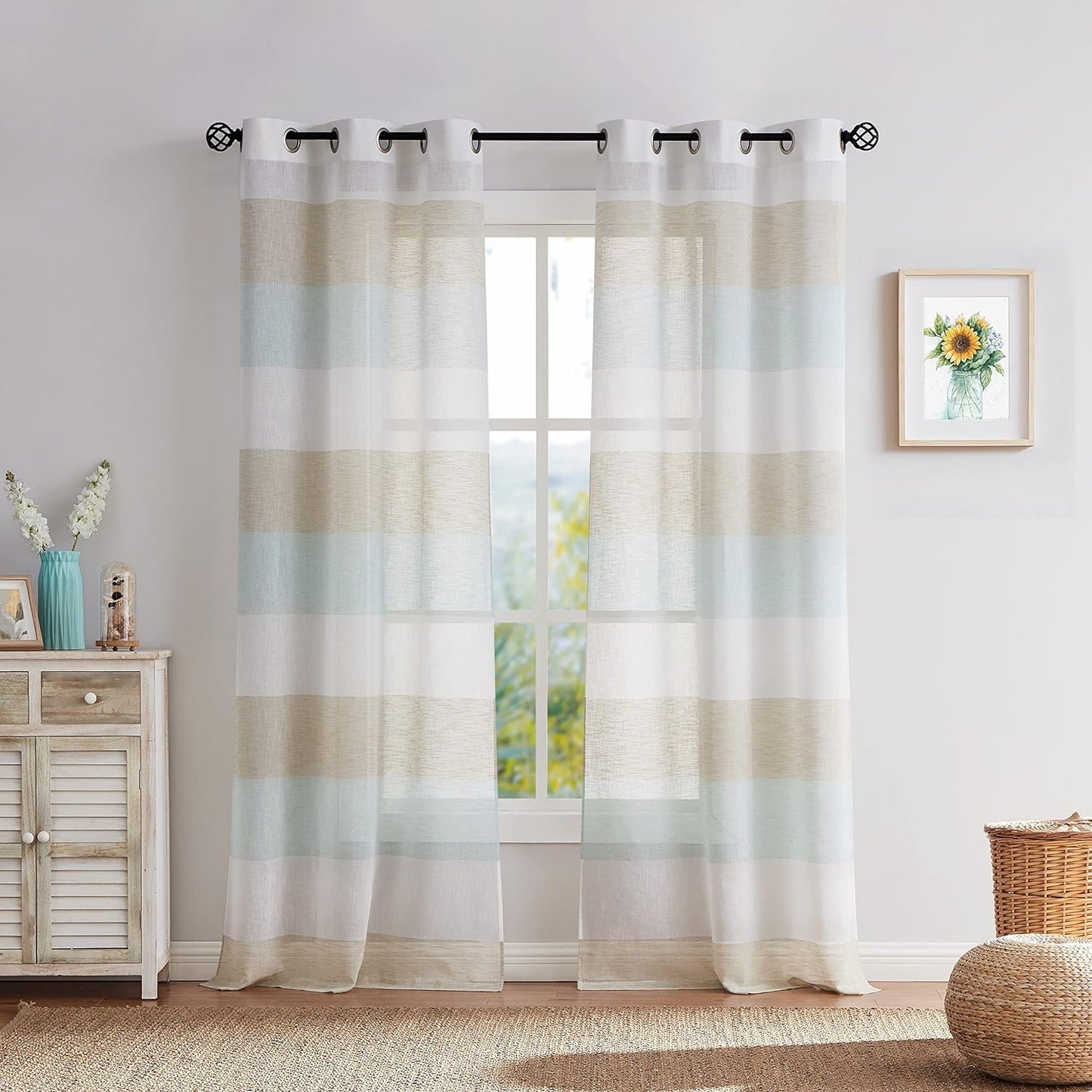 Central Park Gray Tan Stripe Sheer Color Block Window Curtain Panel Linen Window Treatment for Bedroom Living Room Farmhouse 84 Inches Long with Grommets, 2 Panel Rustic Drapes  Central Park Tan/Spa Blue 40"X63"X2 