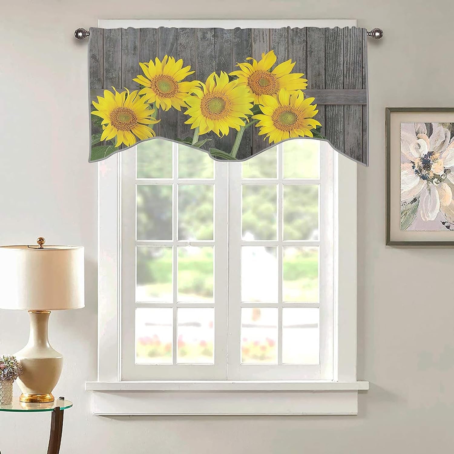 Sunflower Scalloped Window Valance Curtains - Helianthus Sunflowers Energy Rod Pocket Treatment Tier Curtain for Kitchen/Bathroom, Brown Yellow Green, (W36 Inch X L18 Inch, K91 X H46Cm)
