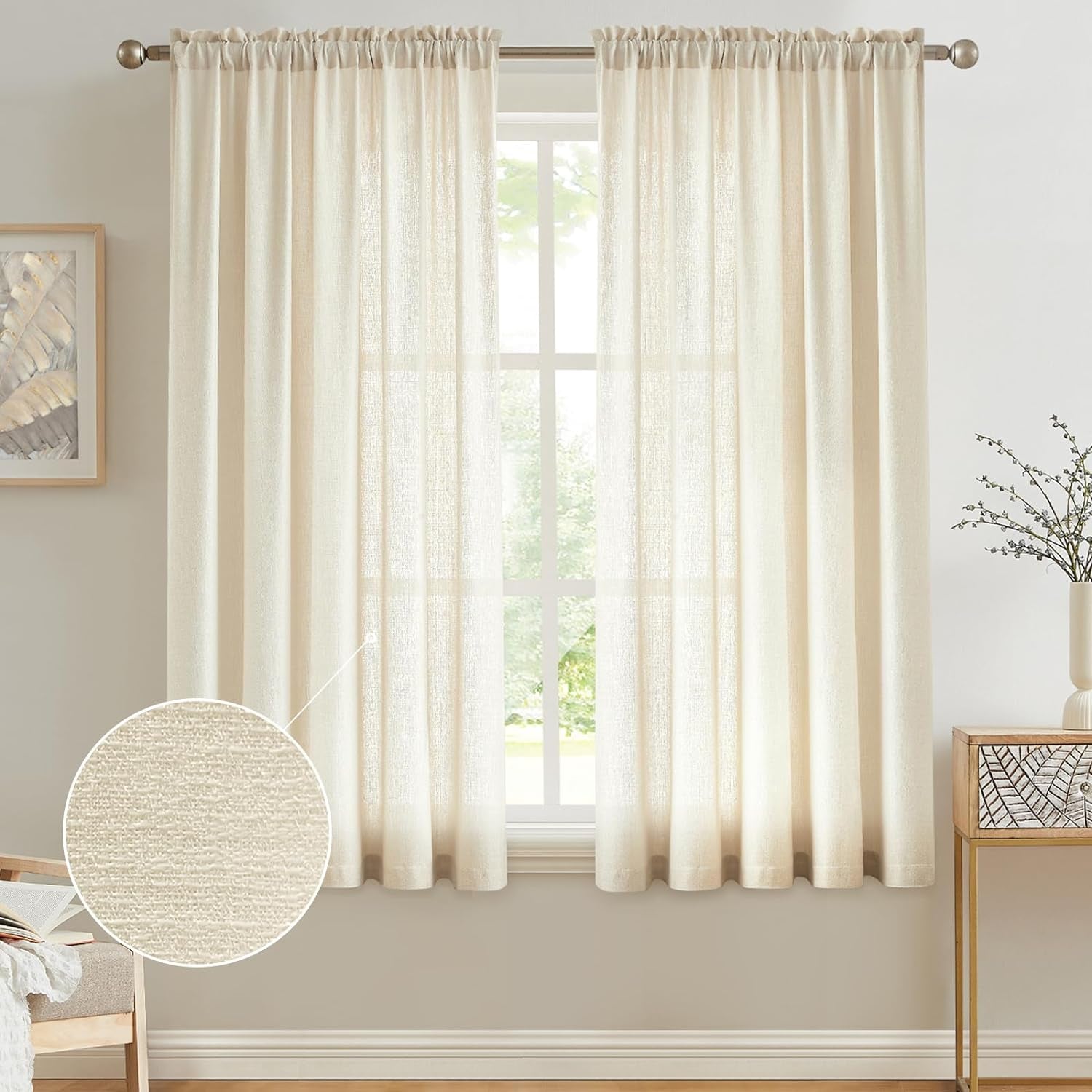 Anpark White Semi Sheer Curtains Linen Rod Pocket Curtains Tiebacks Included Semi Sheers, Privacy & Serenity for Bedroom, Soft Light for Relaxation - 52" W X 84" L, 2 Panels  Anpark Beige 52X63 Inch 