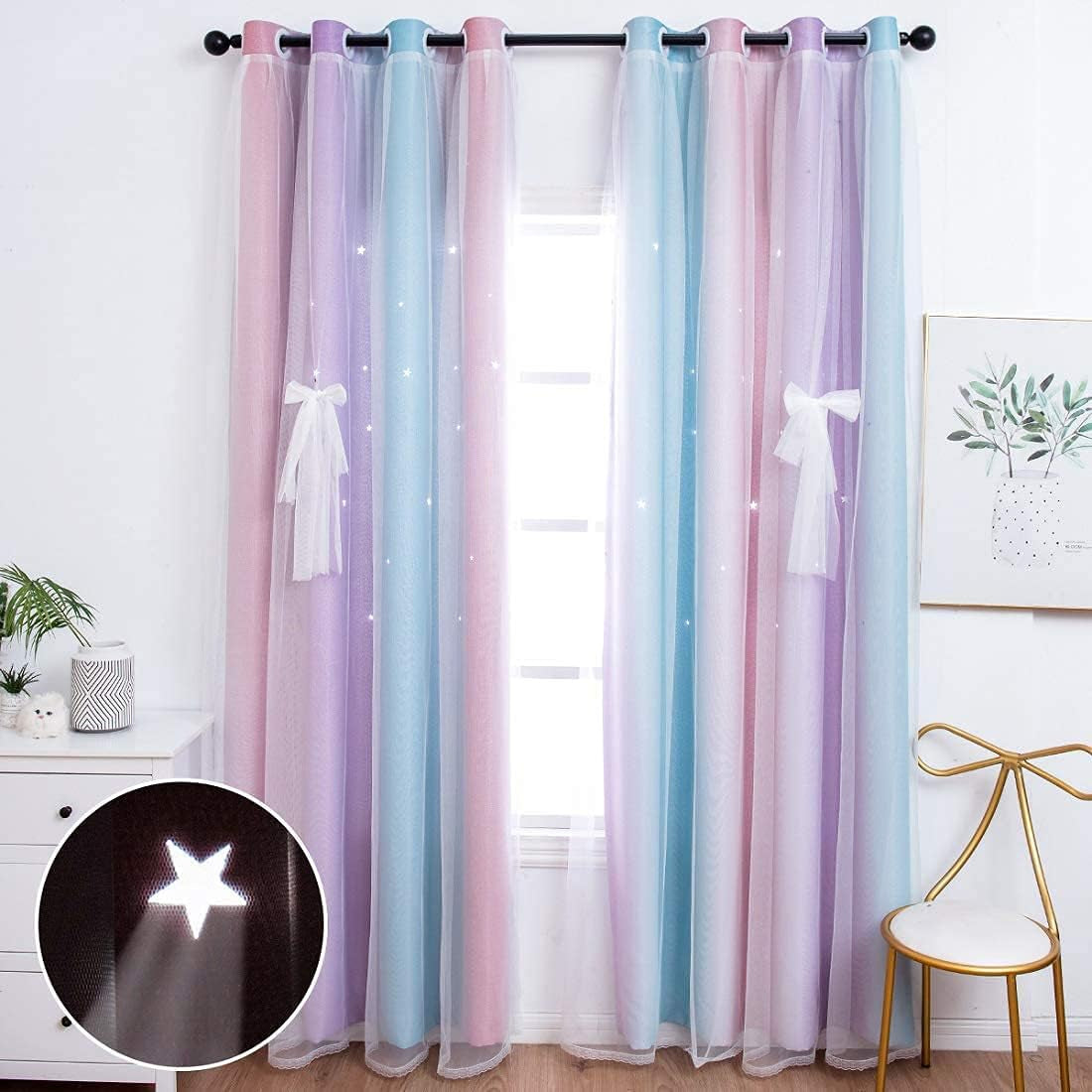 UNISTAR 2 Panels Stars Blackout Curtains for Bedroom Girls Kids Baby Window Decoration Double Layer Star Cut Out Aesthetic Living Room Decor Wall Home Curtain,W52 X L63 Inches,Pink  UNISTAR 2 Panels 丨 Rainbow-Pinkpurple 63.00" X 42.00" 