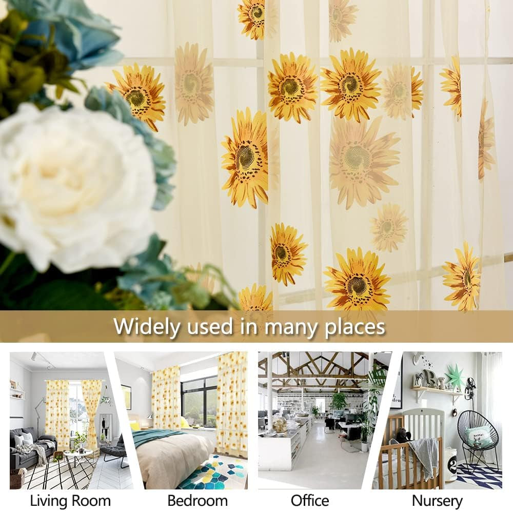 BIGEBO 2PCS Sunflower Curtains Yellow Sheer Window Curtains with 2 Curtain Tiebacks Rope for Bedroom Living Room Kitchen Decor, Rod Pocket Window Treatments W39 X L79  BIGEBO   
