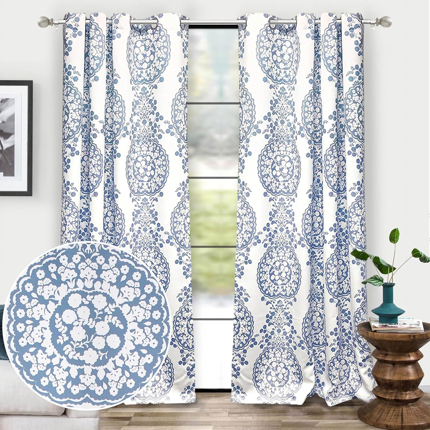 Driftaway Damask Curtains for Kitchen Bathroom Laundry Room Small Windows Floral Damask Medallion Patterned Adjustable Tie up Curtain Single 45 Inch by 63 Inch Dusty Blue  DriftAway Blue (16)52"X84"(Curtains) 