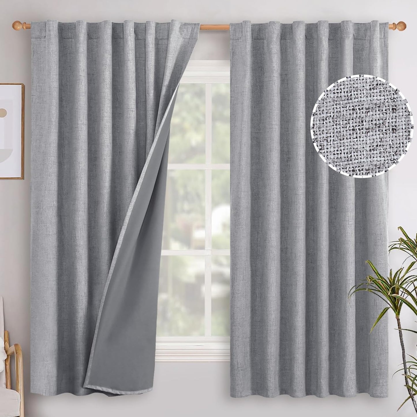 Youngstex Linen Blackout Curtains 63 Inch Length, Grommet Darkening Bedroom Curtains Burlap Linen Window Drapes Thermal Insulated for Basement Summer Heat, 2 Panels, 52 X 63 Inch, Beige  YoungsTex Back Tab/Grey 52W X 63L 