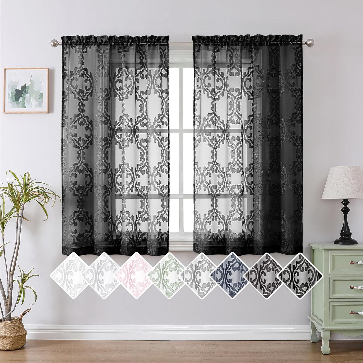 Aiyufeng Suri 2 Panels Sheer Sage Green Curtains 63 Inches Long, Light & Airy Privacy Textured Sheer Drapes, Dual Rod Pocket Voile Clipped Floral Luxury Panels for Bedroom Living Room, 42 X 63 Inch  Aiyufeng Black 2X42X54" 