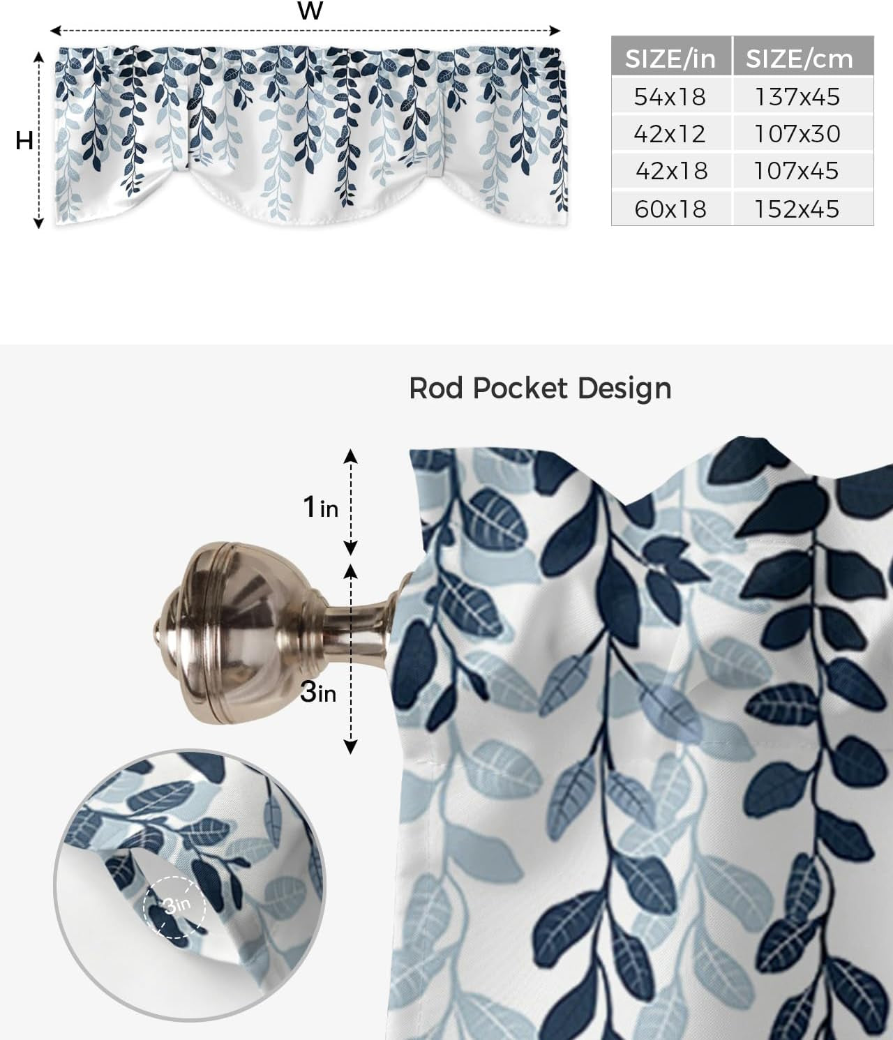 Navy Blue Botanical Tie up Valance Curtains for Windows, Ombre Abstract Art Kitchen Curtains Window Treatments, Pastoral Leaf Short Window Shades Valances for Bedroom Bathroom Cafe 54"X18"