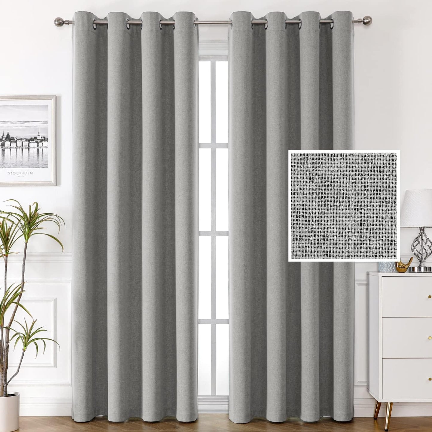 H.VERSAILTEX 100% Blackout Linen Look Curtains Thermal Insulated Curtains for Living Room Textured Burlap Drapes for Bedroom Grommet Linen Noise Blocking Curtains 42 X 84 Inch, 2 Panels - Sage  H.VERSAILTEX Grey 52"W X 96"L 
