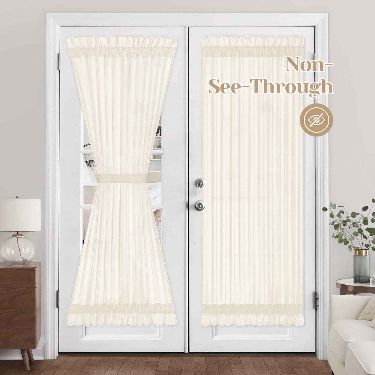 HOMEIDEAS Non-See-Through Sidelight Curtains for Front Door, Privacy Semi Sheer Door Window Curtains, Rod Pocket Light Filtering French Door Curtains with Tieback, (1 Panel, White, 26W X 72L)  HOMEIDEAS Cream Beige 1 Panel-54 X 72 