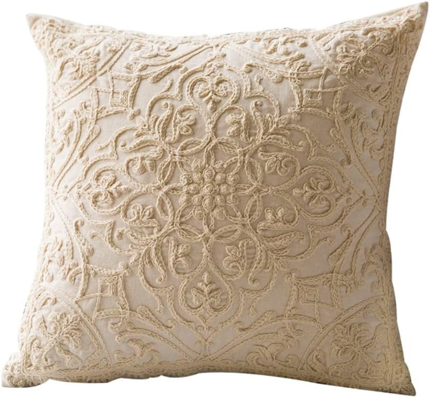 DOKOT Embroidery Throw Pillow Case Covers Square Cushion Cover 100% Cotton with Zipper for Home Decorative 20X20 Inches(50X50Cm) (Beige, 2 Pieces)