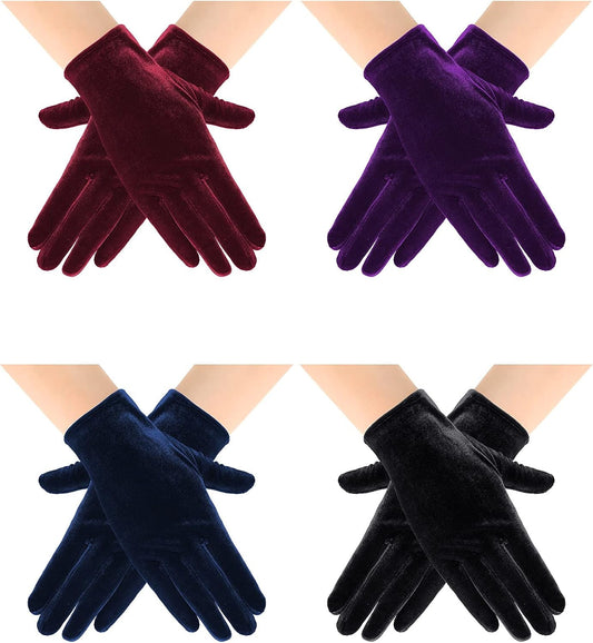 4 Pairs Short Opera Velvet Gloves Tea Party Gloves Women Wrist Banquet Gloves for Wedding Party Dancing Costume
