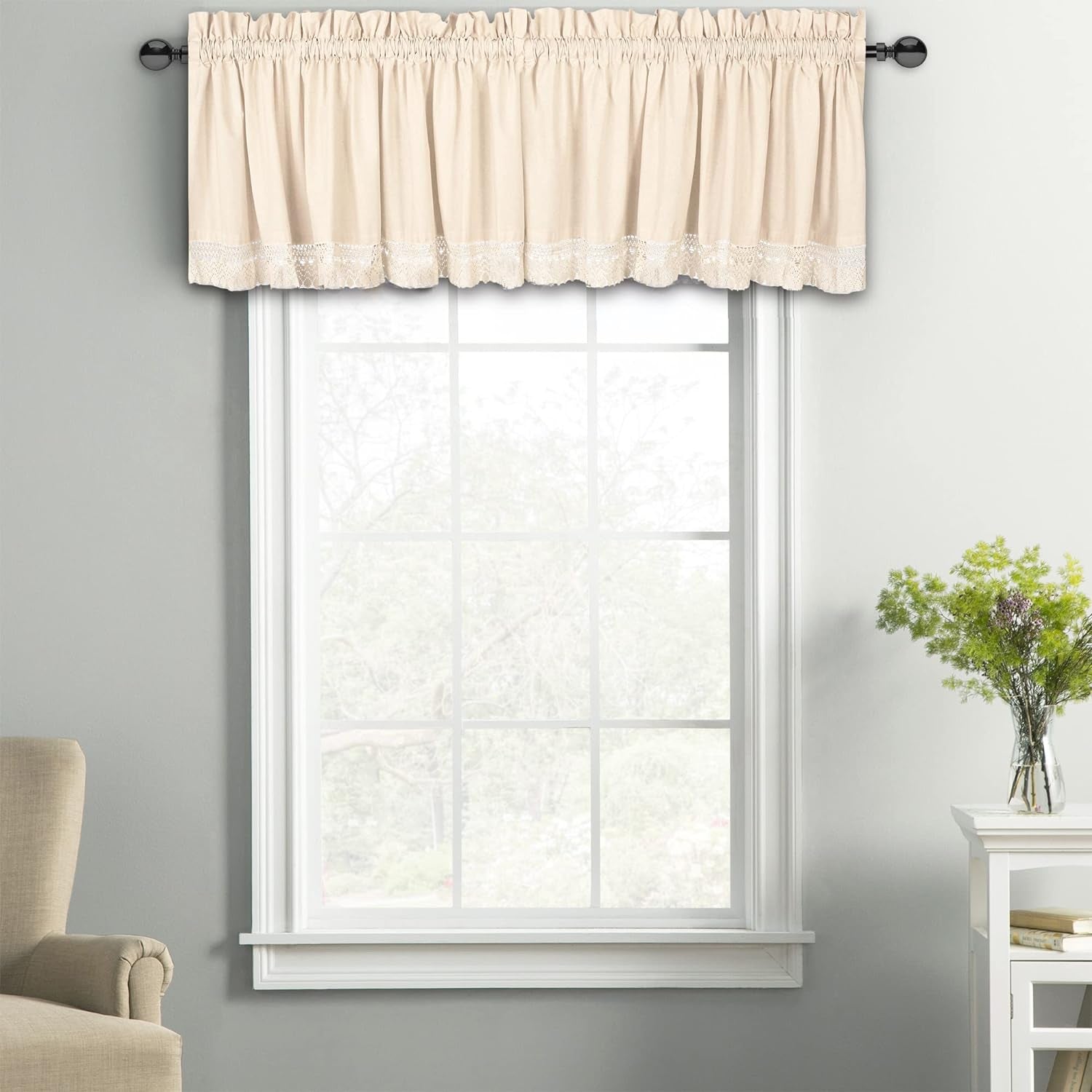 Cotton Flax Window Valances Set of 2 for Country Style Farmhouse Vintage Décor - Eco Friendly 72 Inch Wide Valance with Lace - 72X16 Inch - Natural - 2 Valances