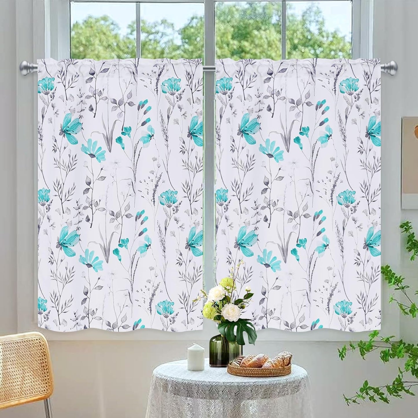Floral Swag Valance for Window Watercolor Floral Kitchen Valance Swag Teal Flowers Valance for Kitchen Window Rod Pocket Valance Curtain for Bathroom Study Room Living Room, 60" W X 36" L