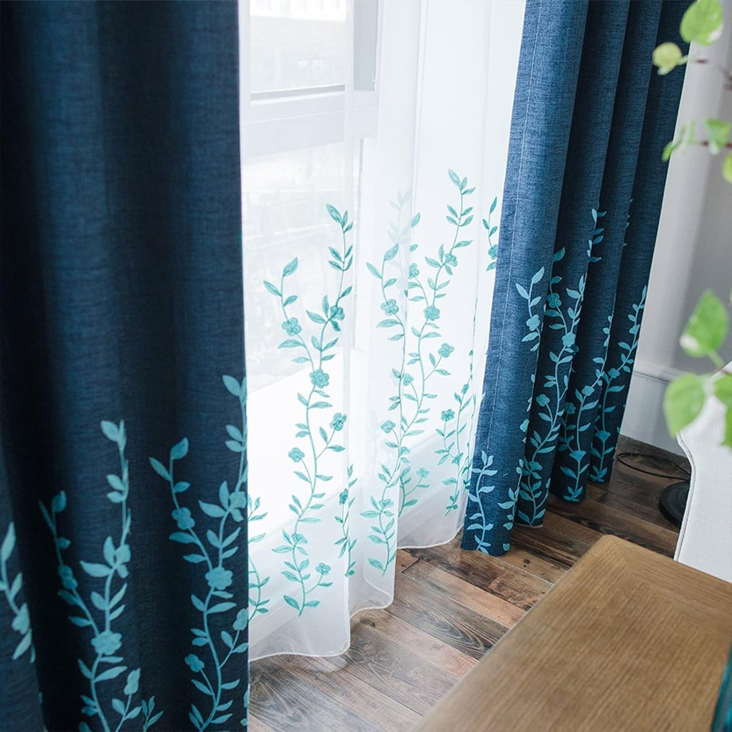 Melodieux Flower Embroidery Sheer Curtain for Living Room Patio Sliding Door Wide Window Rod Pocket Voile Drape, White/Blue, 100 by 84 Inch (1 Panel)  Melodieux   