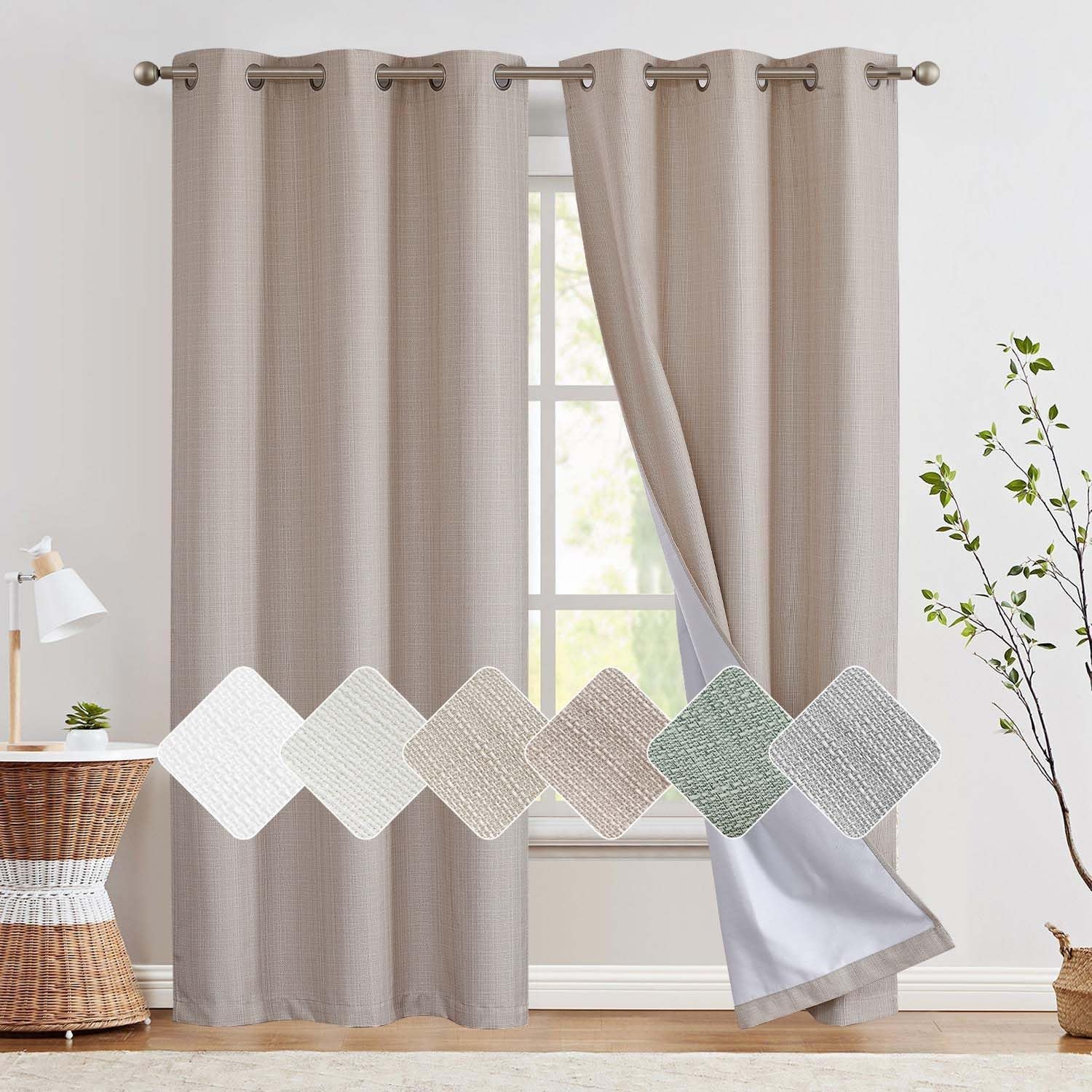 Jinchan 100% Blackout Curtains for Bedroom Living Room Linen Blackout Curtains 84 Inch Long Room Darkening Curtains Linen Textured Drapes 2 Panels Window Curtains Grommet Top Heathered Beige  CKNY HOME FASHION   