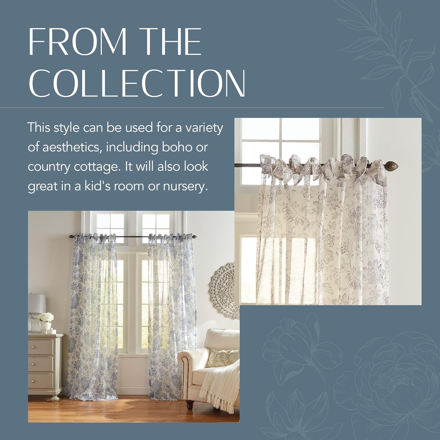 Elrene Home Fashions Fashions Westport Floral Tie-Top Sheer Window Curtain, 95.00" X 52.00", Flax  Elrene Home Fashions   