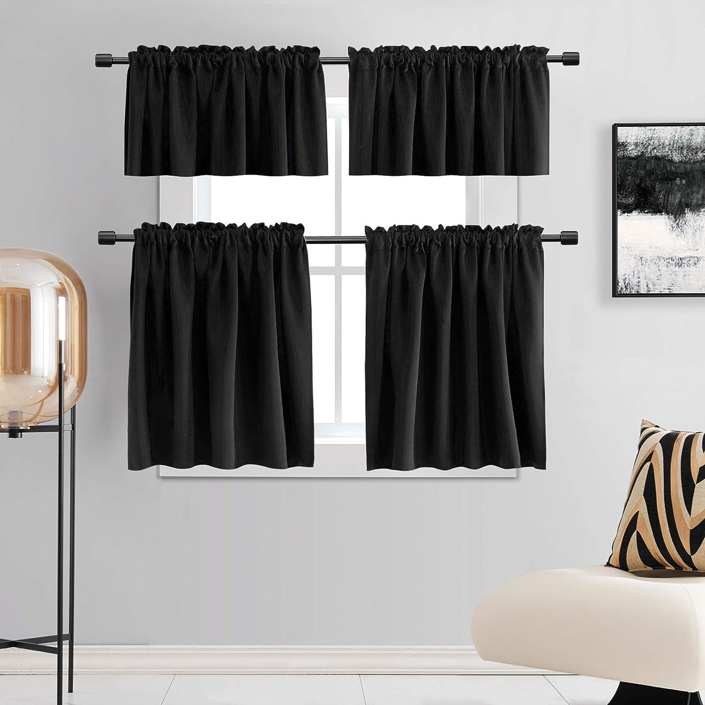 DONREN 24 Inch Length Curtains- 2 Panels Blackout Thermal Insulating Small Curtain Tiers for Bathroom with Rod Pocket (Black,42 Inch Width)  DONREN   