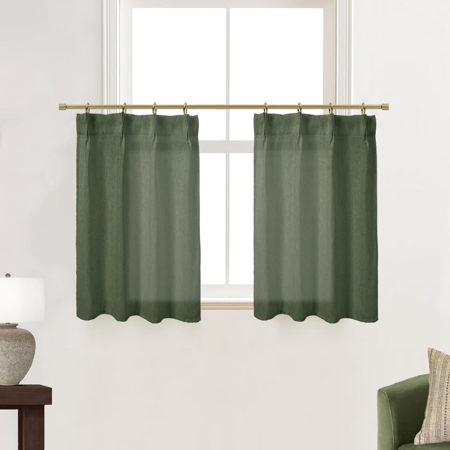 Short Curtains for Windows,Semi Sheer White Linen Cotton Privacy Light Filtering Cafe Length Small Pinch Pleated Curtains for Living Room Bathroom with Hooks,24 X 24 Inch Long  Lino Rosa Olive Green 24"W X 24"L 