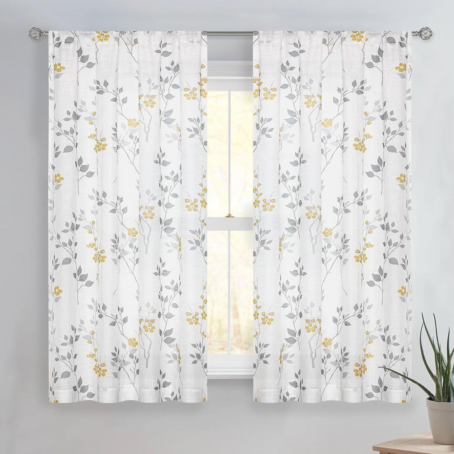 Beauoop Floral Semi Sheer Curtains 84 Inch Long for Living Room Bedroom Farmhouse Botanical Leaf Printed Rustic Linen Texture Panel Drapes Rod Pocket Window Treatment,2 Panels,50 Wide,Yellow/Gray  Beauoop Yellow/Gray 50"X54"X2 