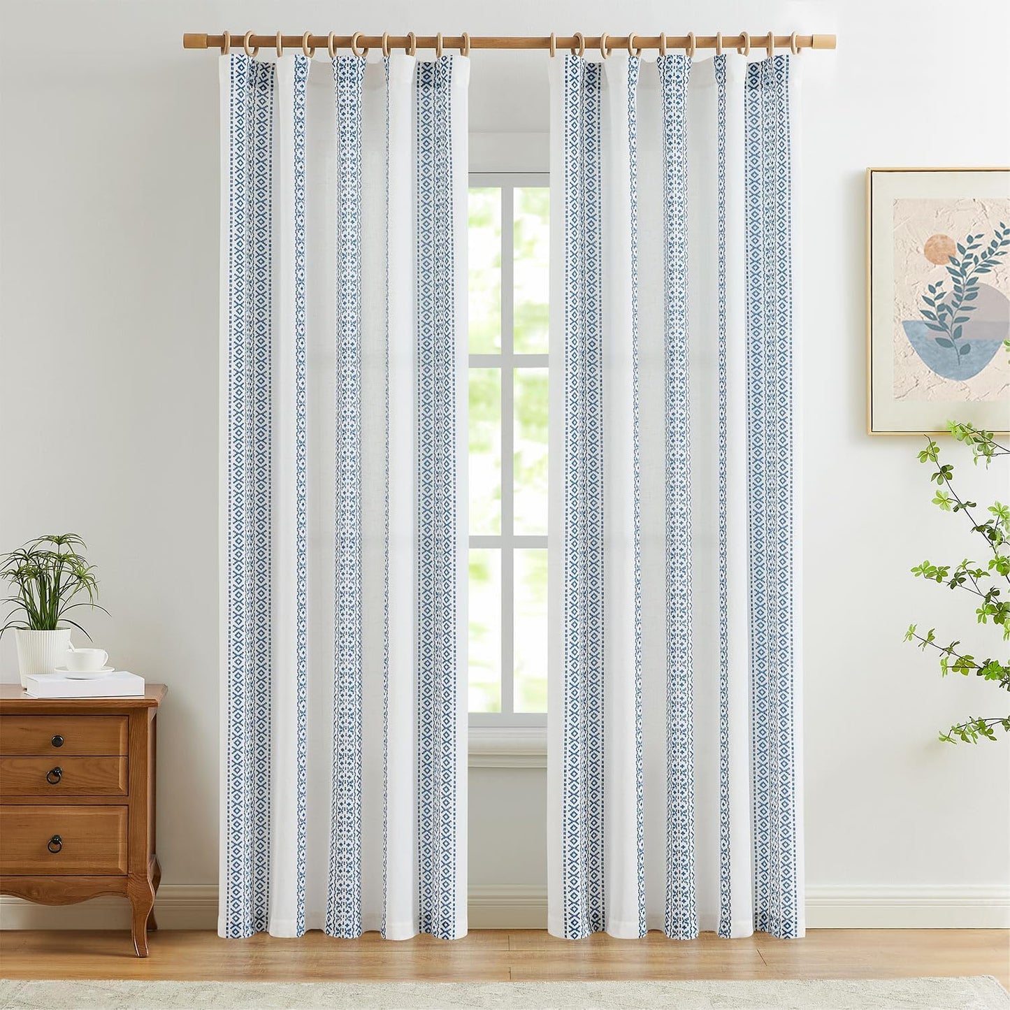 Jinchan Boho Linen Curtains 84 Inches Long Country Farmhouse Printed Living Room Bedroom Curtains Dark Blue on White Window Curtains Rod Pocket Back Tab Geometric Light Filtering Curtain Set 2 Panels  CKNY HOME FASHION   